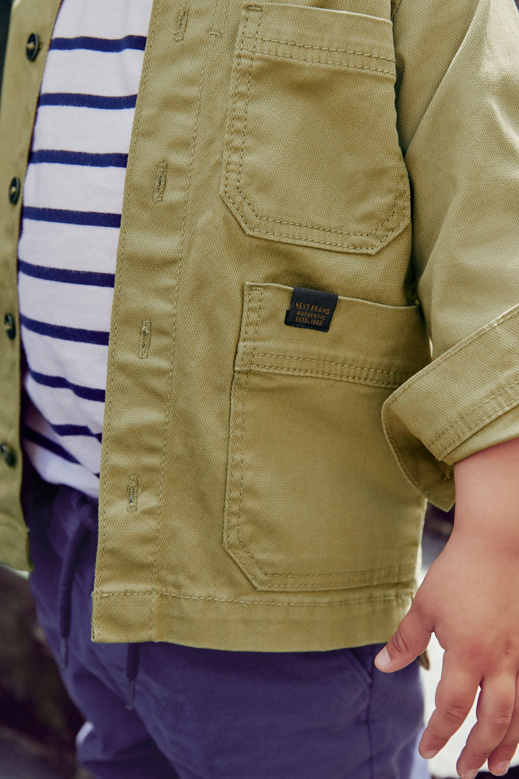 Olive Green Shacket, Stripe T-Shirt And Navy Trouser Set (3mths-9yrs)