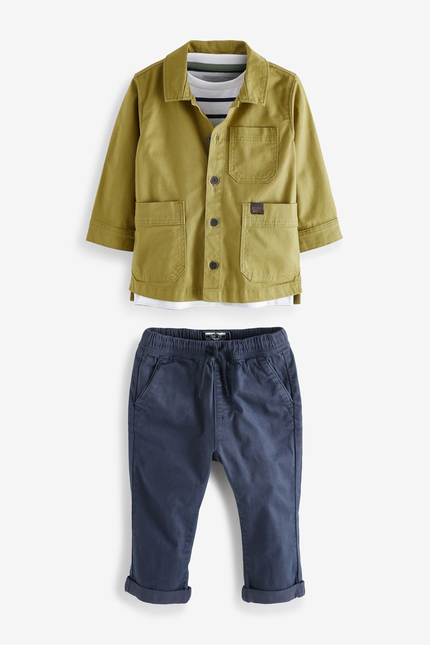 Olive Green Shacket, Stripe T-Shirt And Navy Trouser Set (3mths-9yrs)