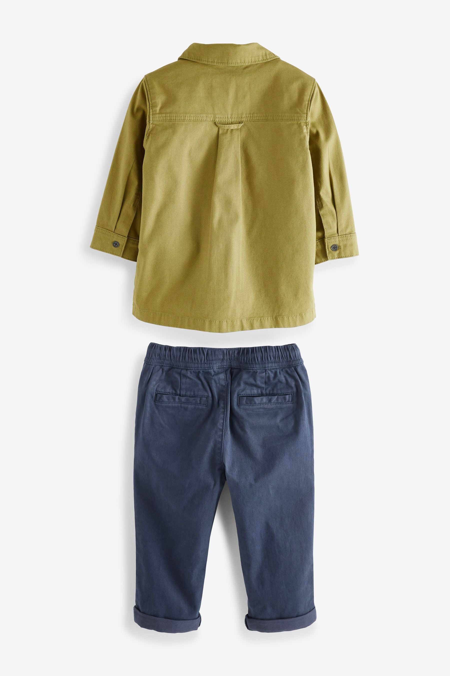 Olive Green Shacket, Stripe T-Shirt And Navy Trouser Set (3mths-9yrs)