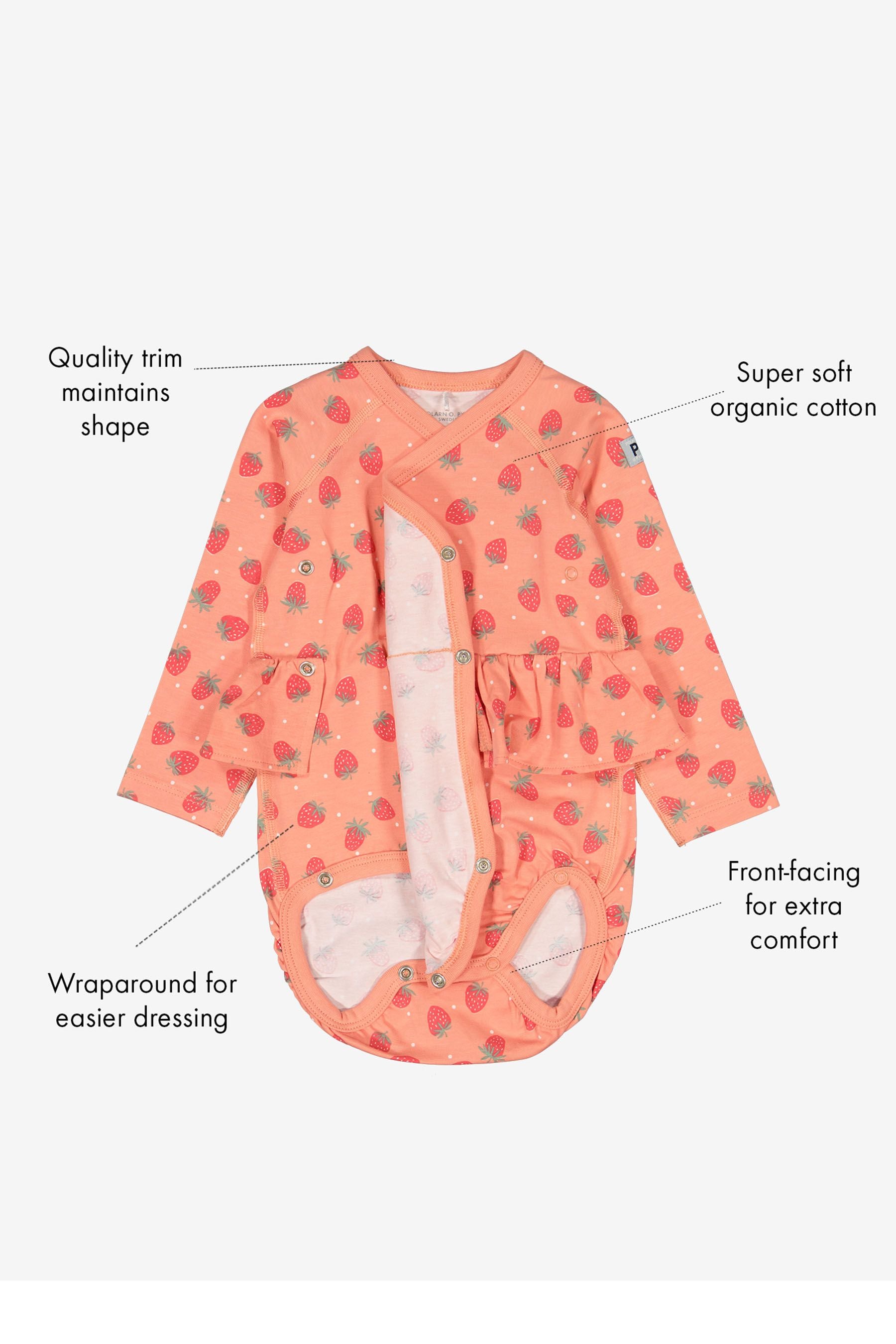 Polarn O. Pyret Pink Organic Cotton Strawberry Print Wraparound Babygrow