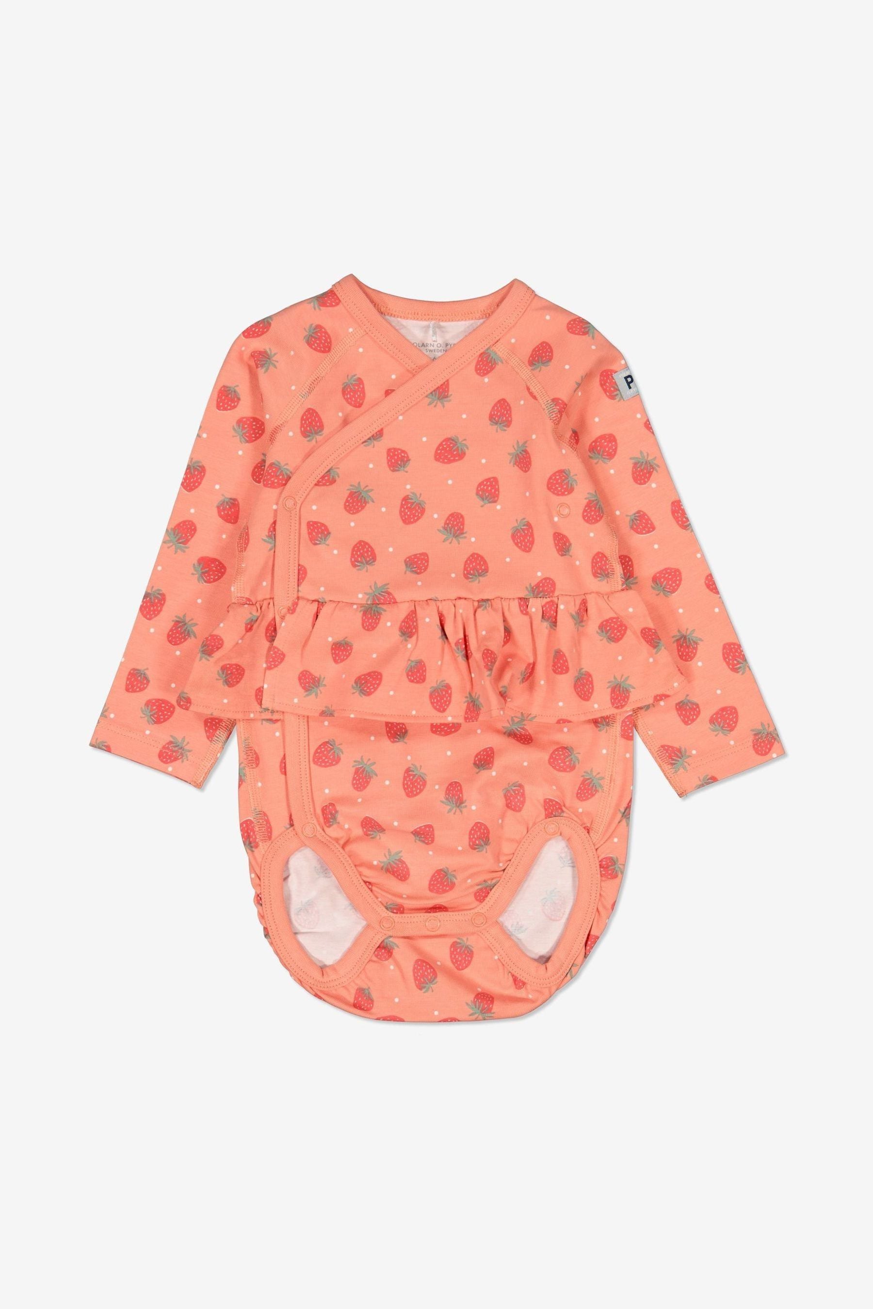 Polarn O. Pyret Pink Organic Cotton Strawberry Print Wraparound Babygrow