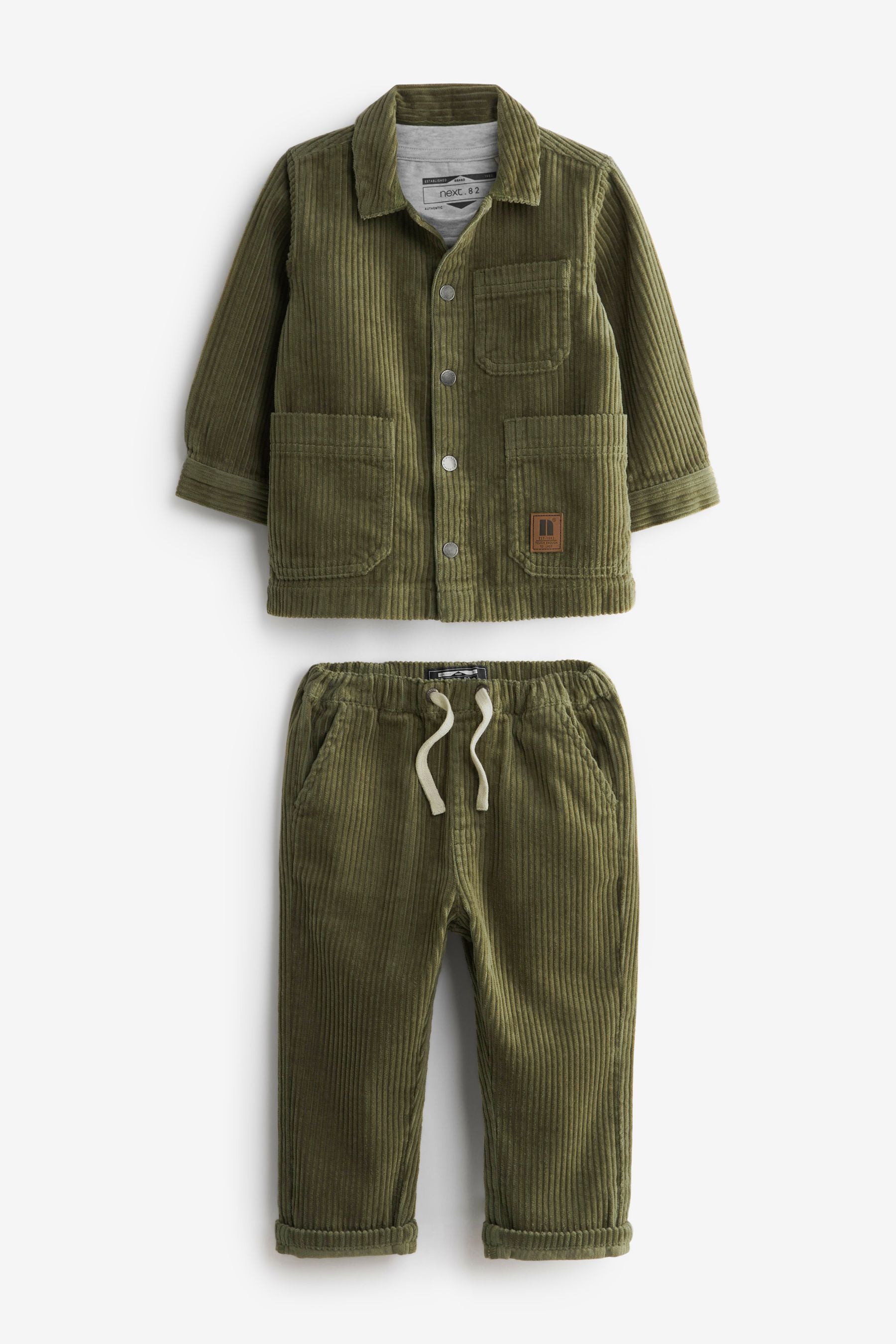 Khaki Green Jumbo Cord Shacket, T-Shirt and Cord Trouser Set (3mths-9yrs)