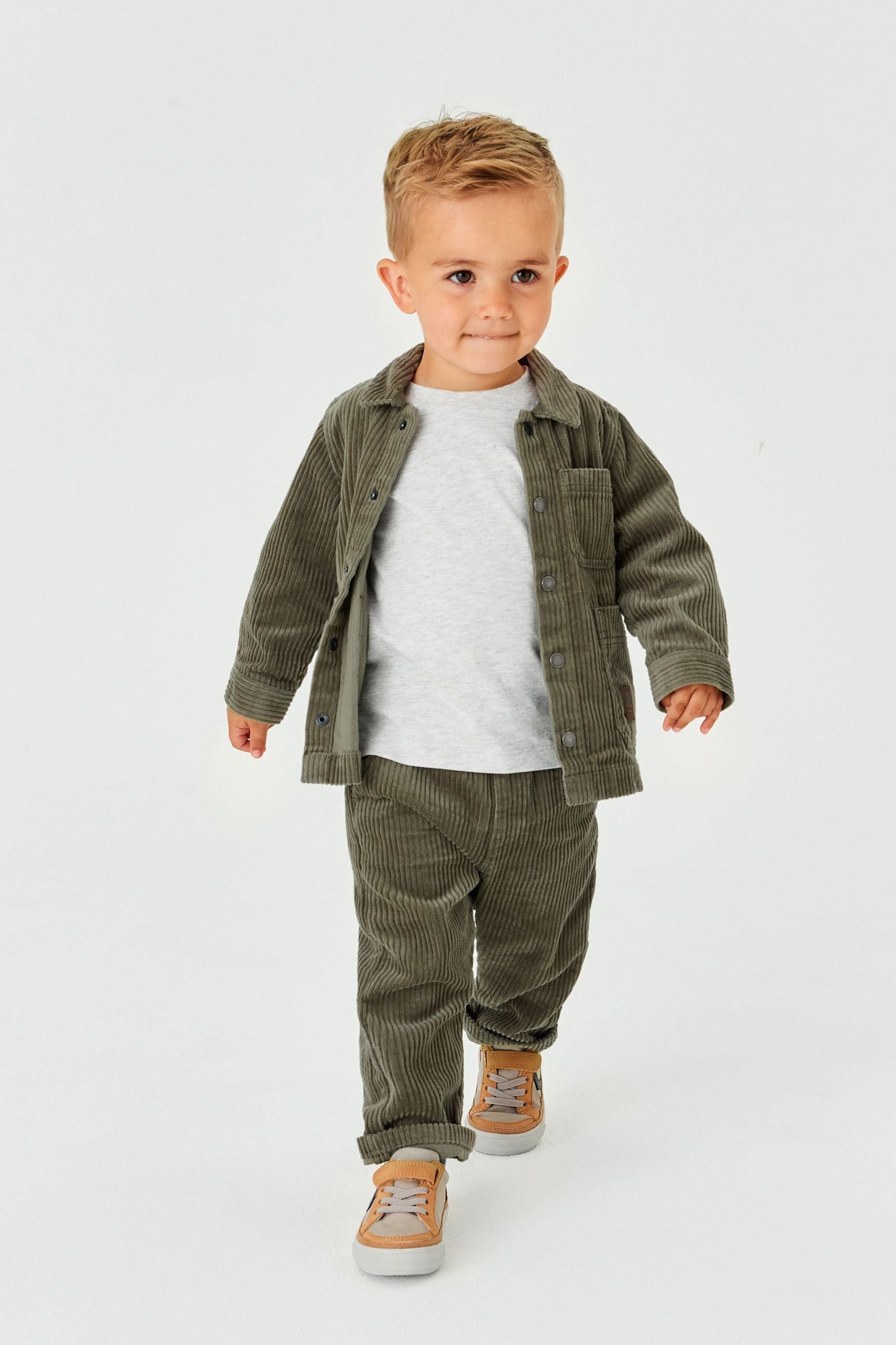 Khaki Green Jumbo Cord Shacket, T-Shirt and Cord Trouser Set (3mths-9yrs)