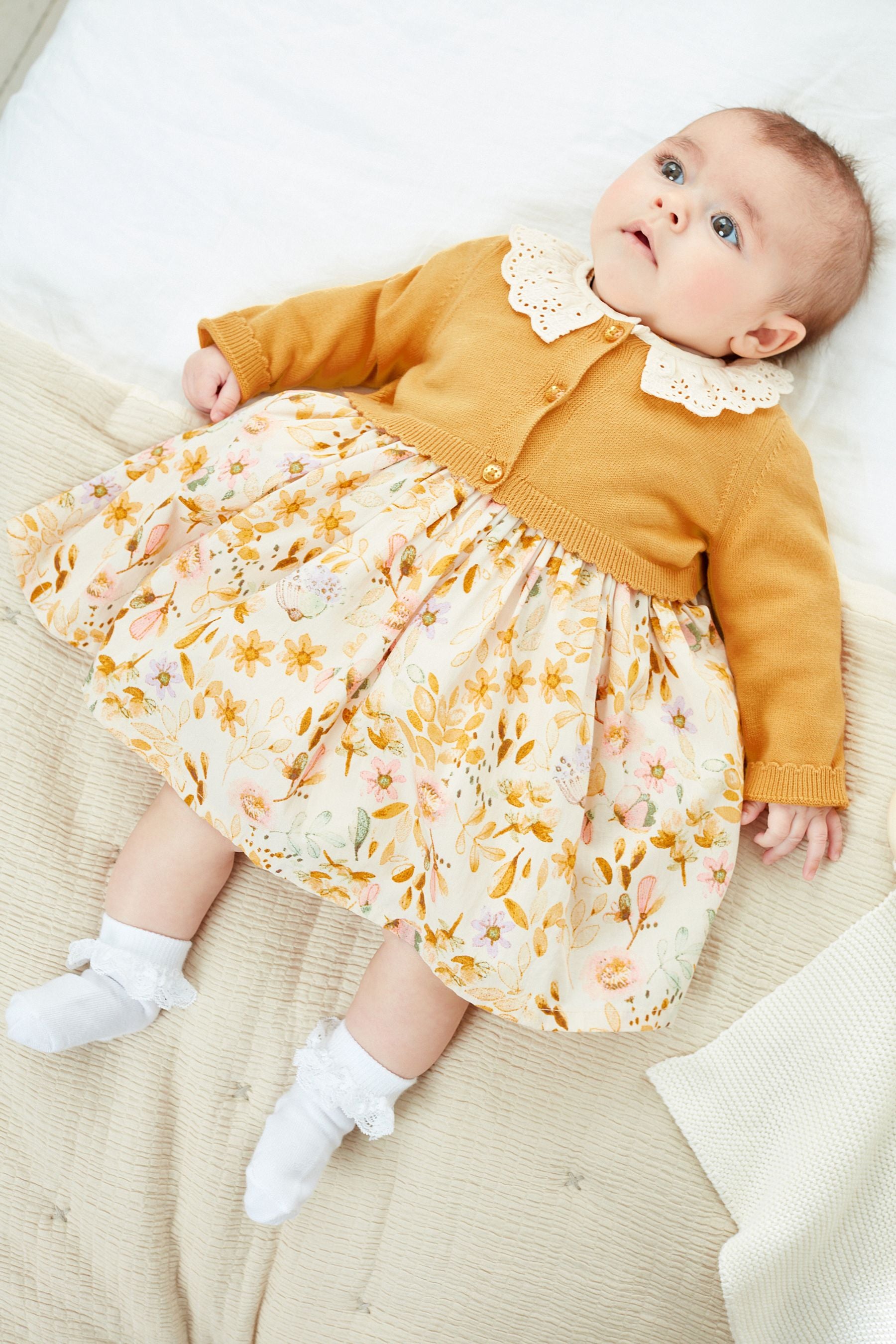 Ochre Yellow/Cream Baby Woven Prom Dress And Cardigan (0mths-2yrs)