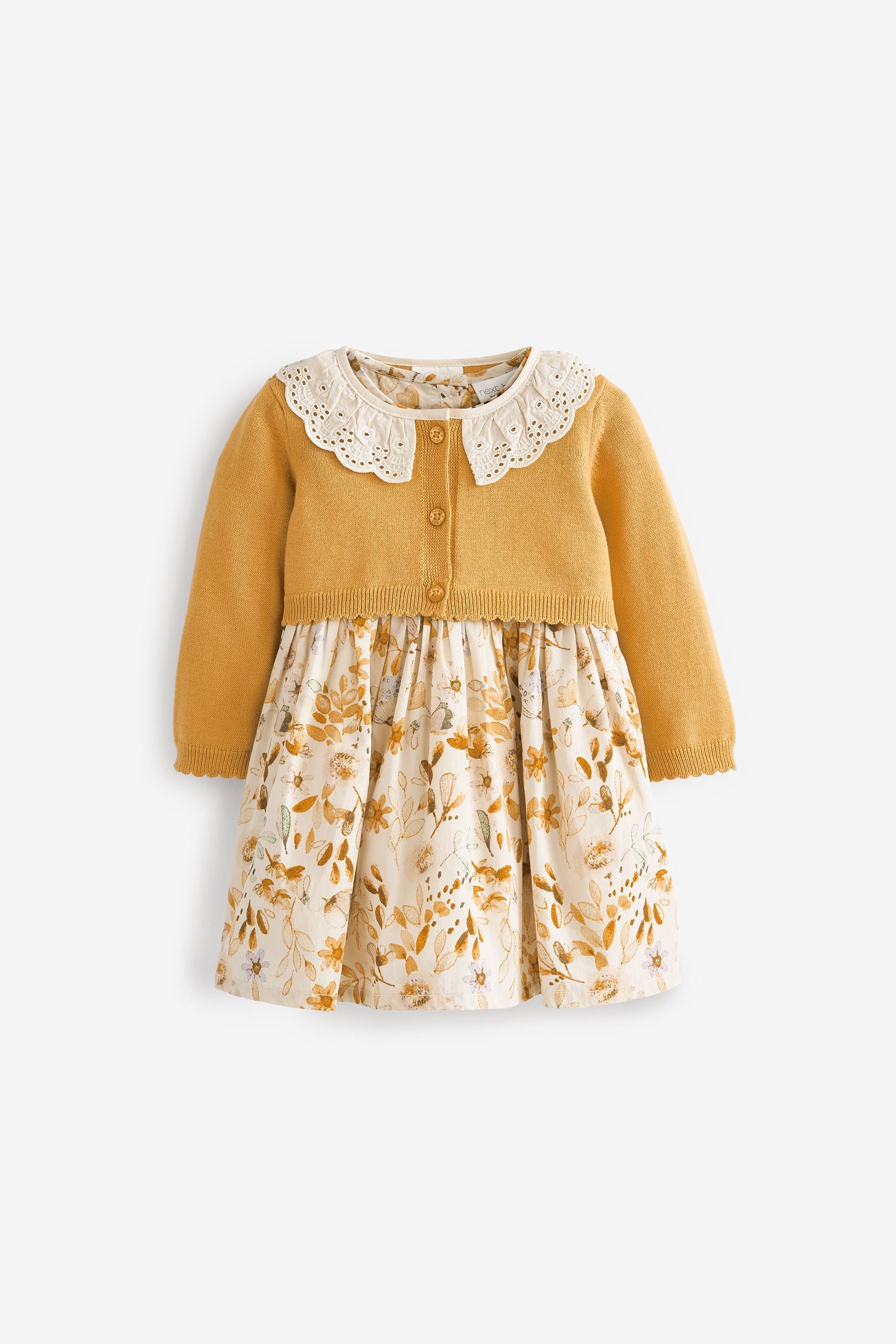 Ochre Yellow/Cream Baby Woven Prom Dress And Cardigan (0mths-2yrs)