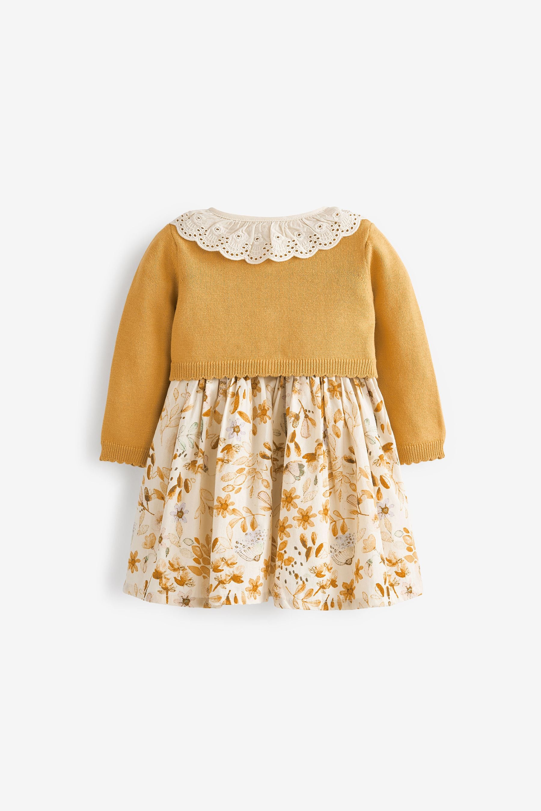 Ochre Yellow/Cream Baby Woven Prom Dress And Cardigan (0mths-2yrs)