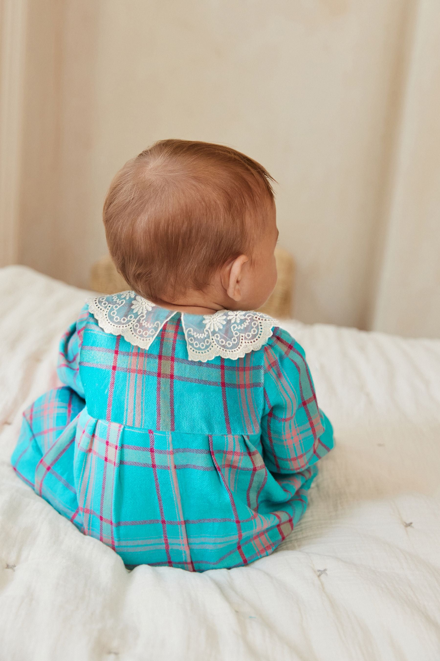 Teal Blue Check Baby Collared Dress With Tight Set (0mths-2yrs)