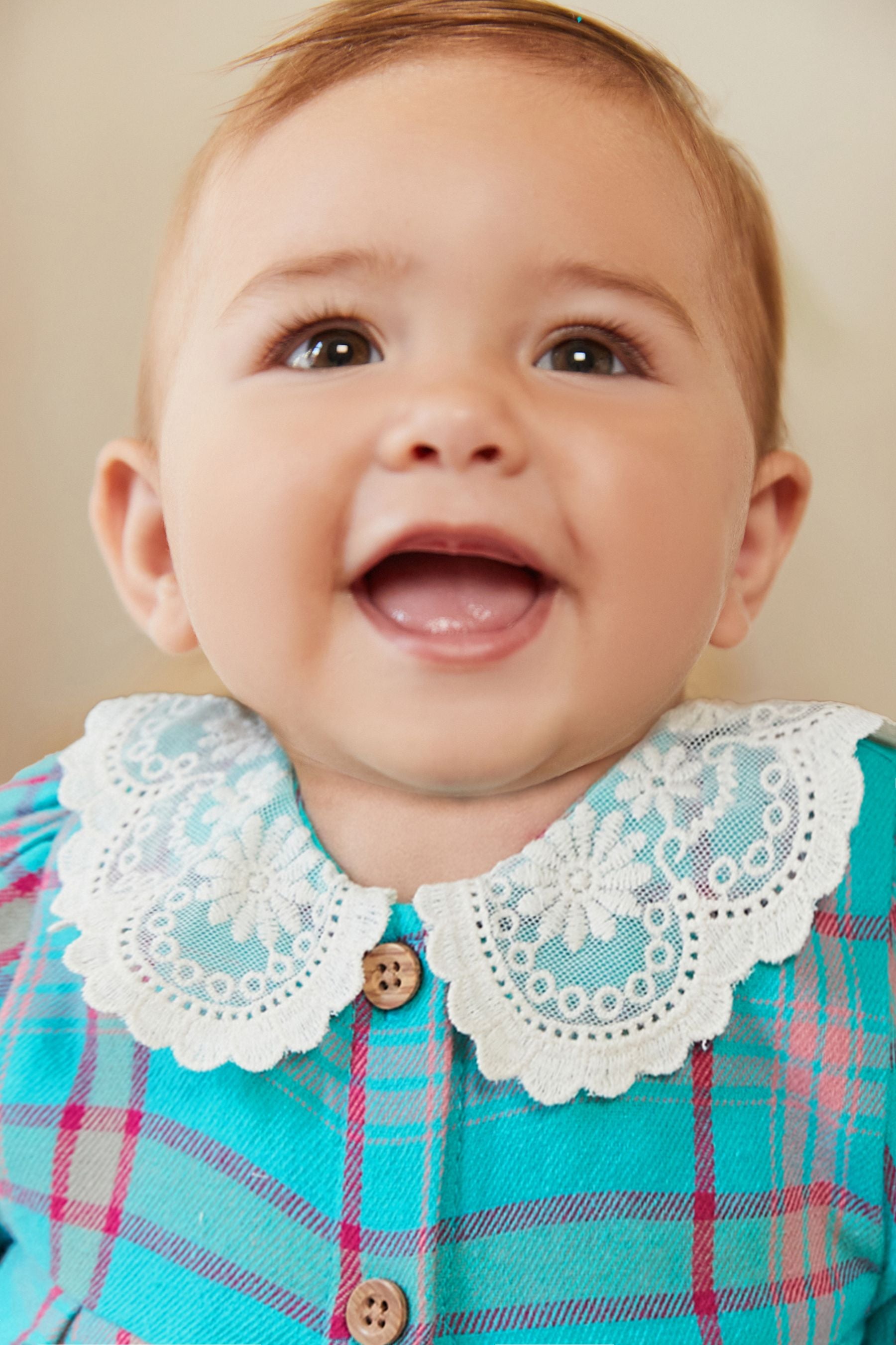 Teal Blue Check Baby Collared Dress With Tight Set (0mths-2yrs)