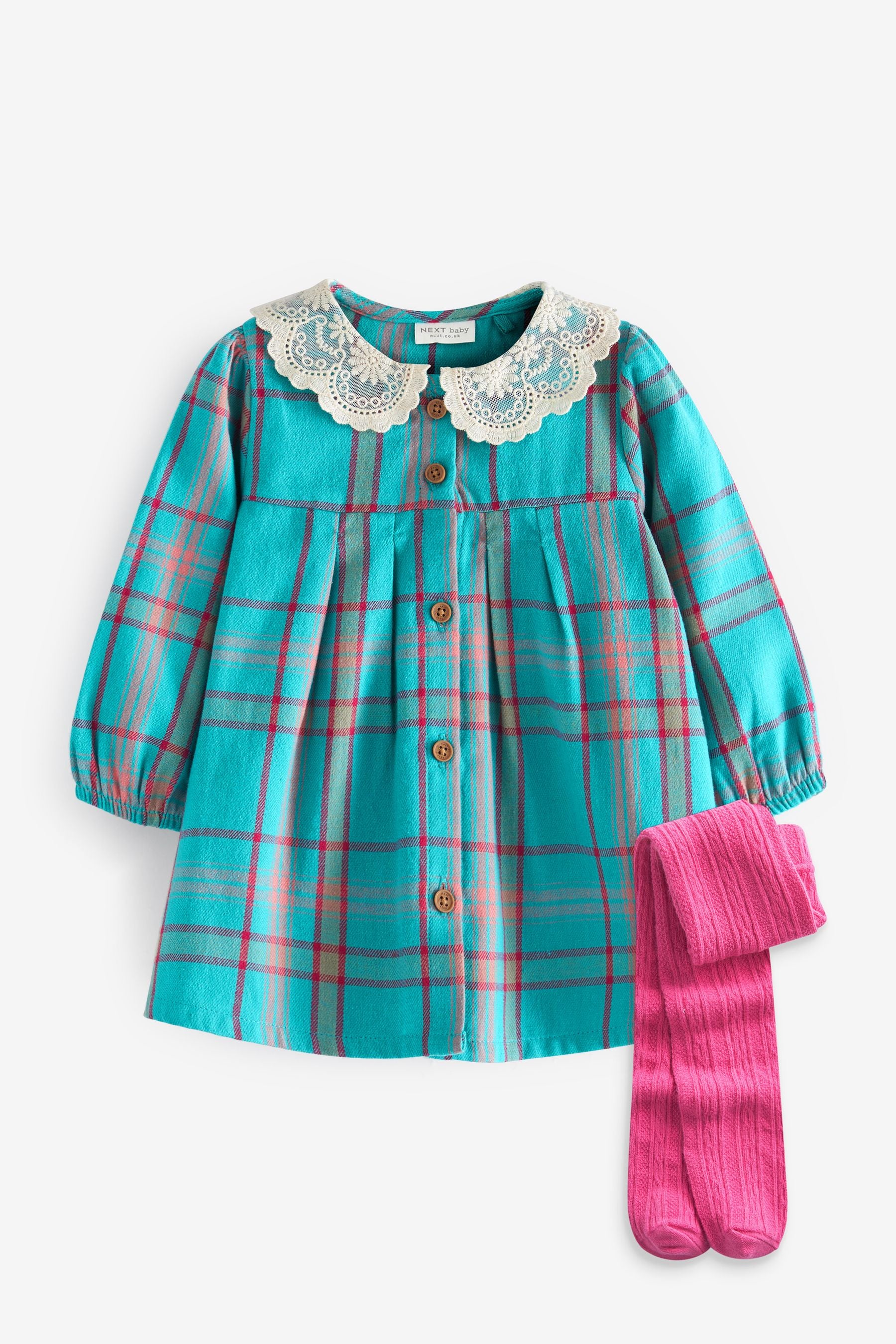 Teal Blue Check Baby Collared Dress With Tight Set (0mths-2yrs)