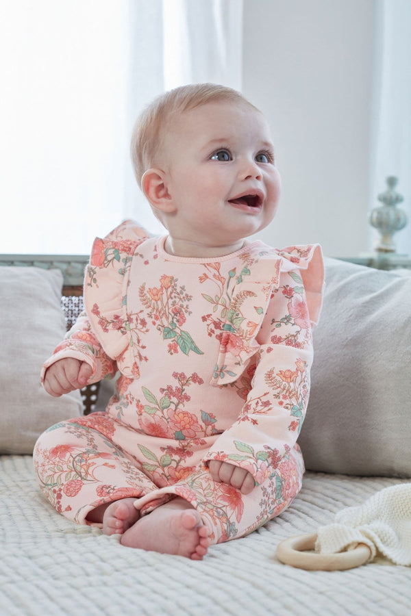 Pink Floral Brushed Back Baby Romper with Frills