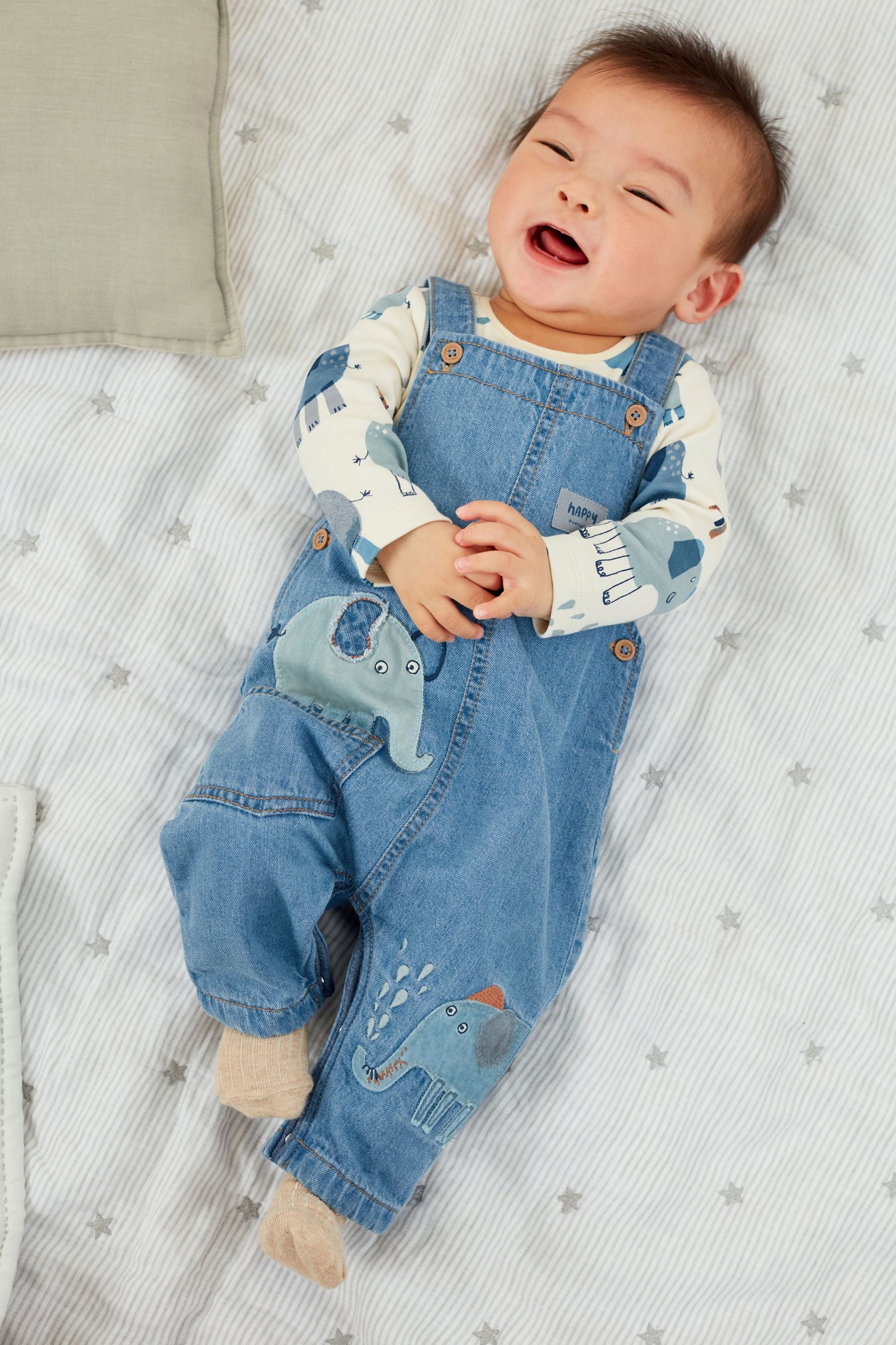 Blue Elephant Appliqu 2 Piece Baby Denim Dungarees And Bodysuit Set (0mths-3yr