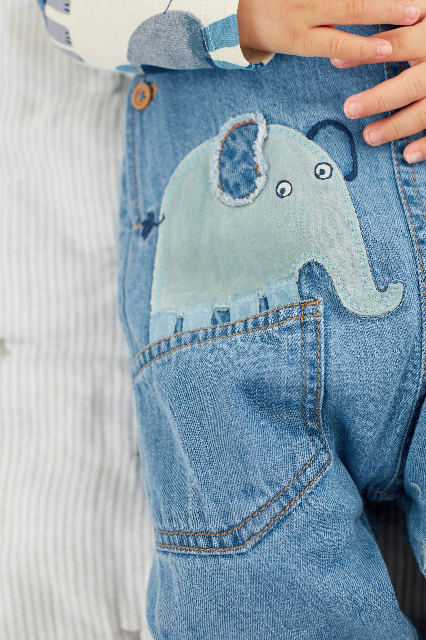 Blue Elephant Appliqu 2 Piece Baby Denim Dungarees And Bodysuit Set (0mths-3yr