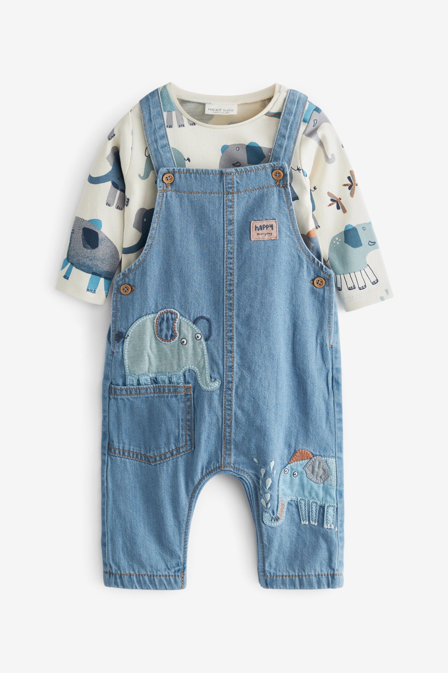 Blue Elephant Appliqu 2 Piece Baby Denim Dungarees And Bodysuit Set (0mths-3yr