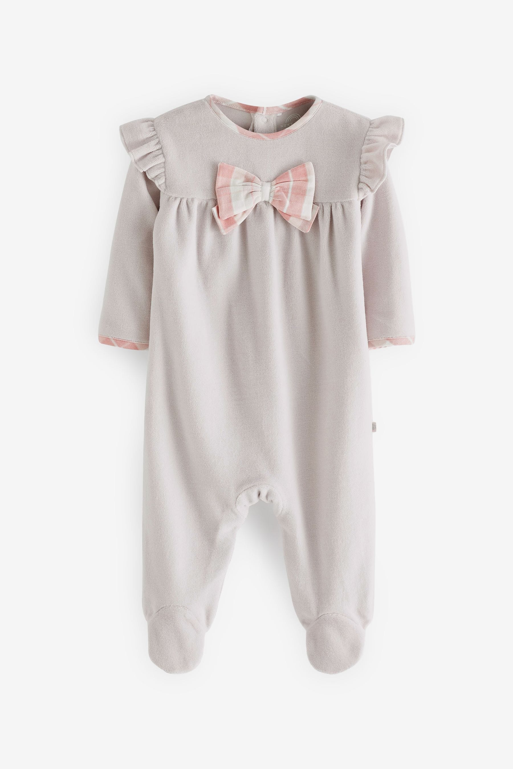 Grey Check Bow Baby Velour Sleepsuit