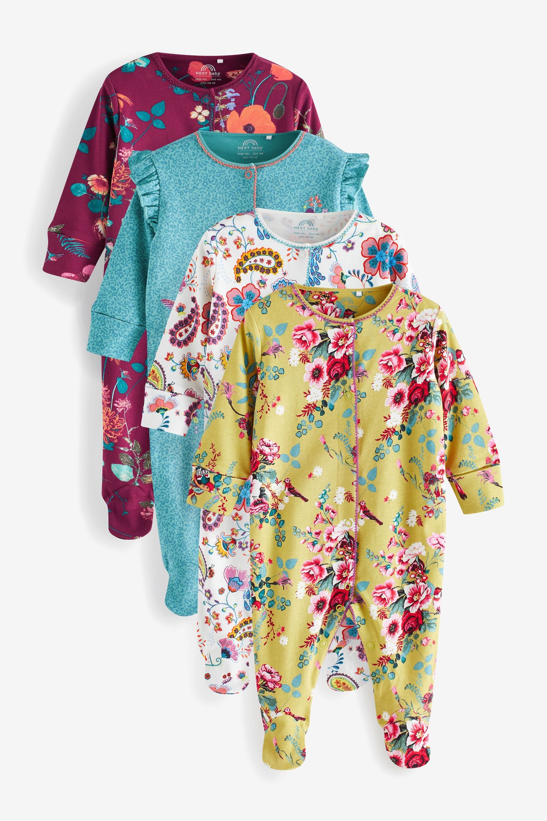 Teal Blue Floral Baby Sleepsuit 4 Pack (0mths-2yrs)