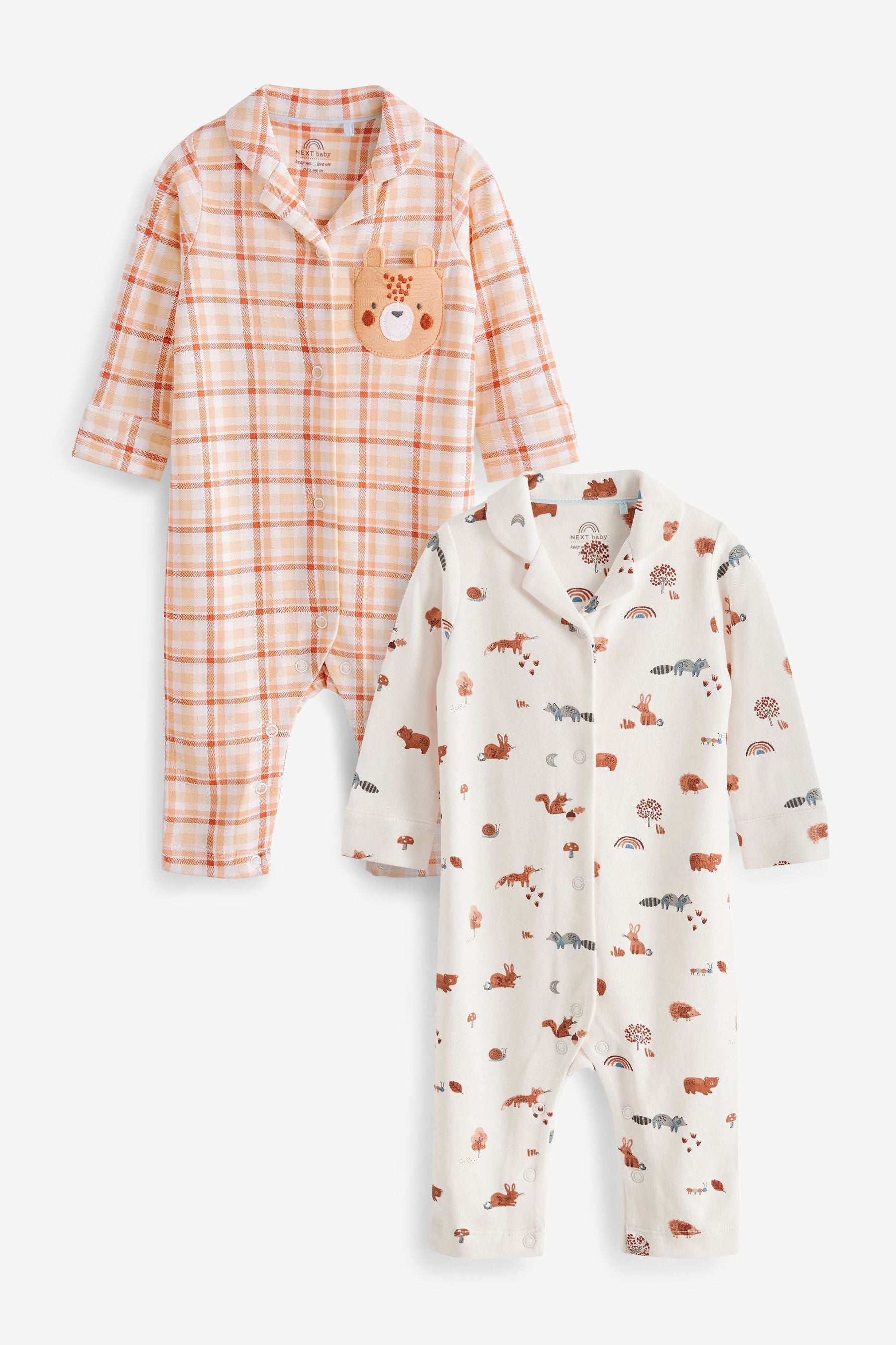 Peach Pink Check / Woodland Animals Baby Pyjama Sleepsuits 2 Pack (0mths-3yrs)