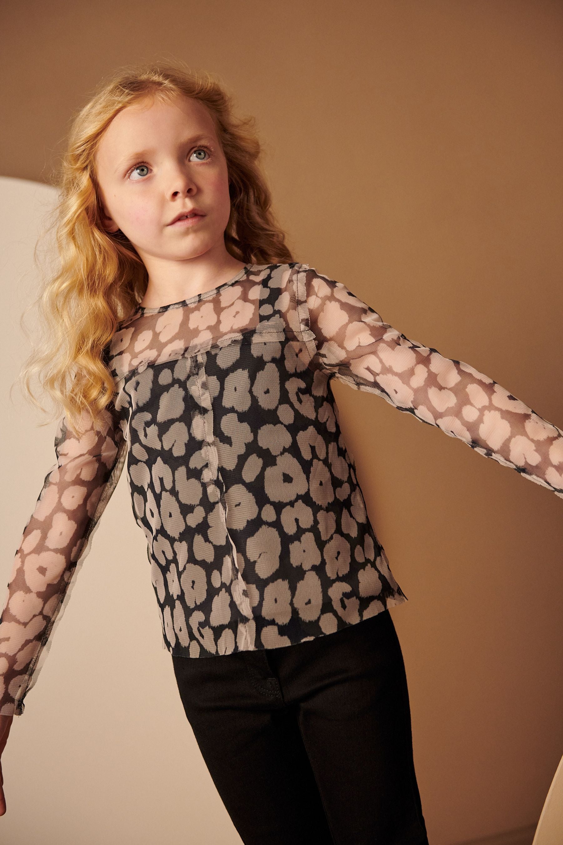 Charcoal Long Sleeve Animal Mesh Top (3-16yrs)