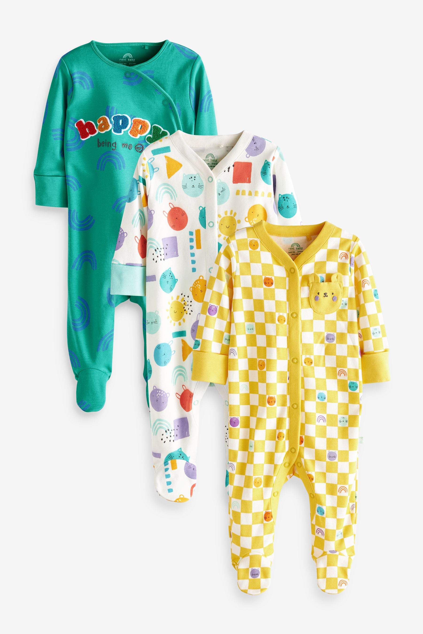 Green/Yellow Bright Rainbow Print 3 Pack Baby Footless Sleepsuits (0-3yrs)