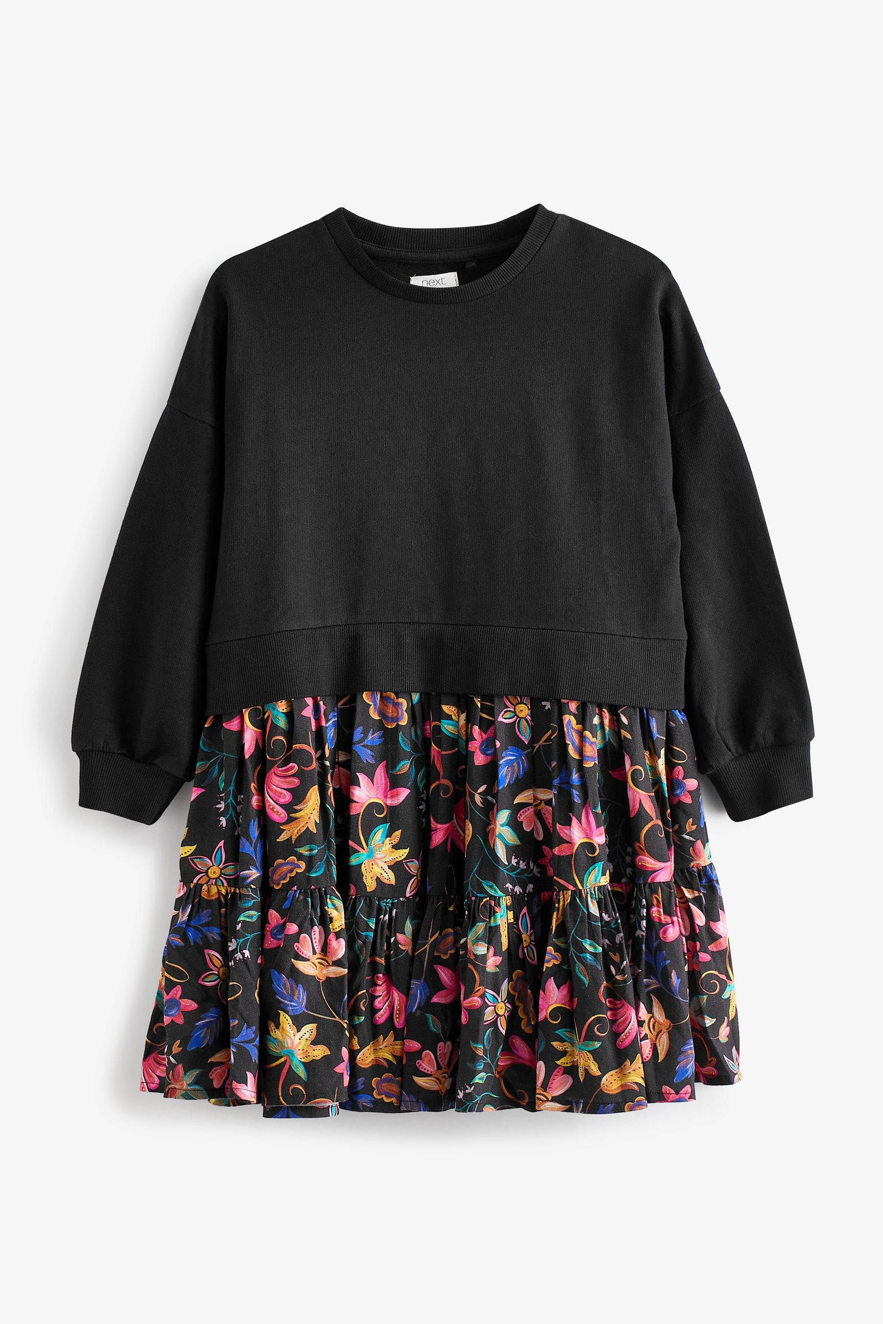 Black Bright Floral Long Sleeve Sweat Dress (3-12yrs)