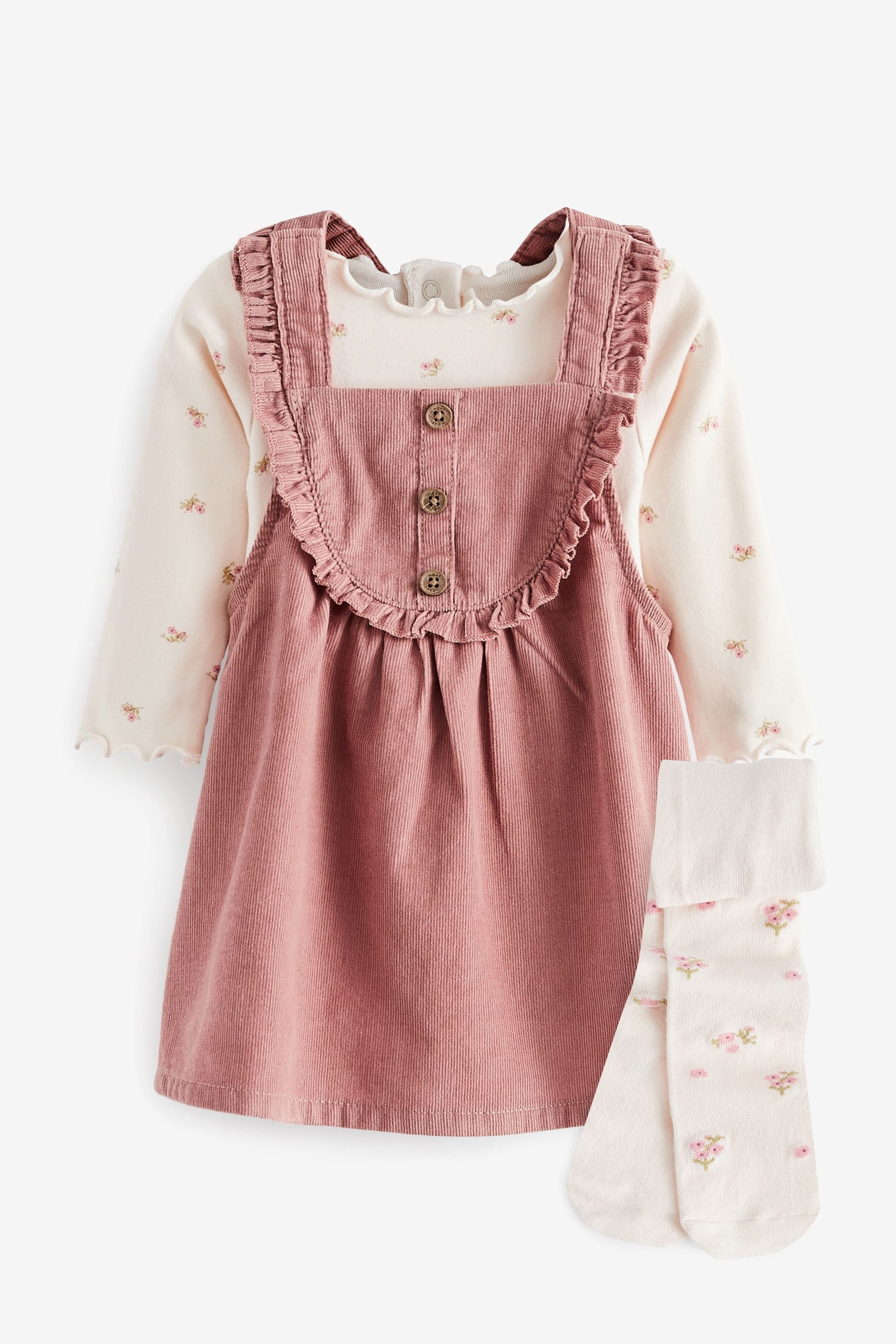 Pink Floral Baby 3 Piece Cord Pinafore Dress, Bodysuit And Tights Set (0mths-2yrs)