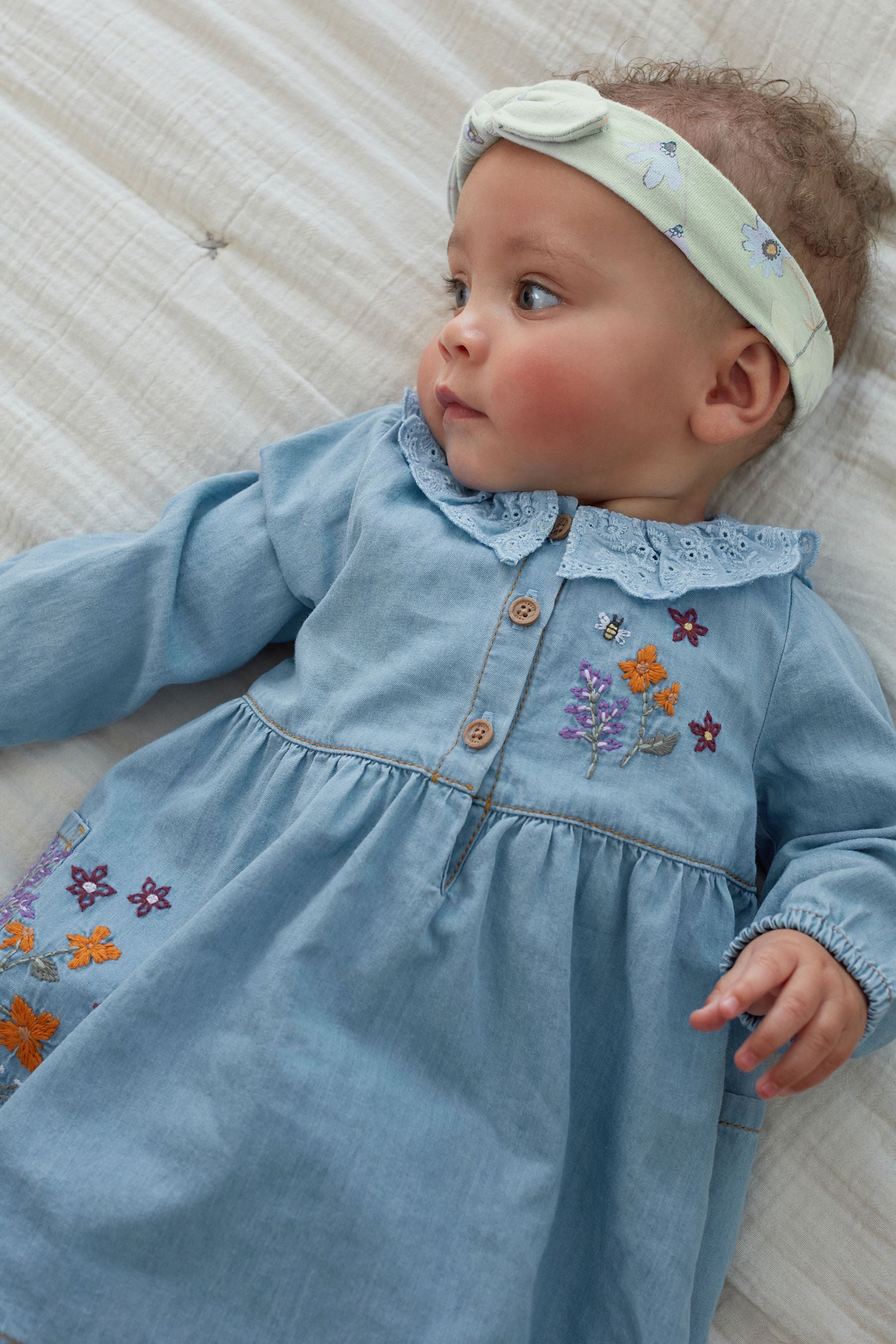 Blue Denim Embroidered Baby Dress With Floral Print Leggings And Headband (0mths-2yrs)