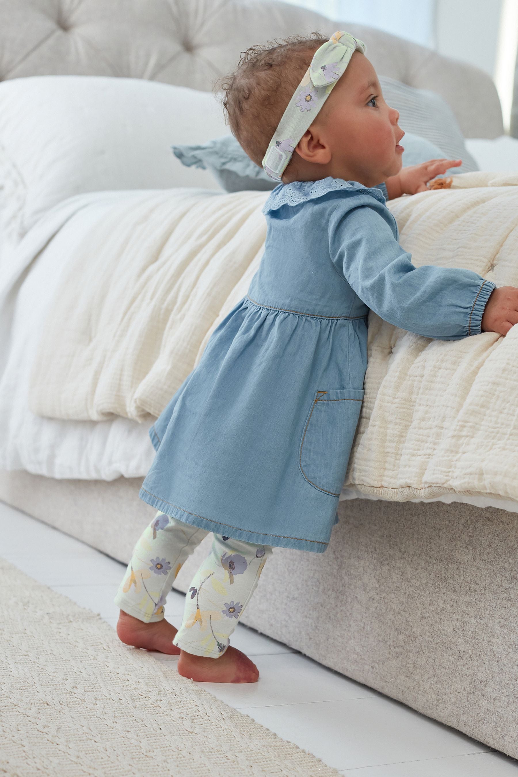 Blue Denim Embroidered Baby Dress With Floral Print Leggings And Headband (0mths-2yrs)