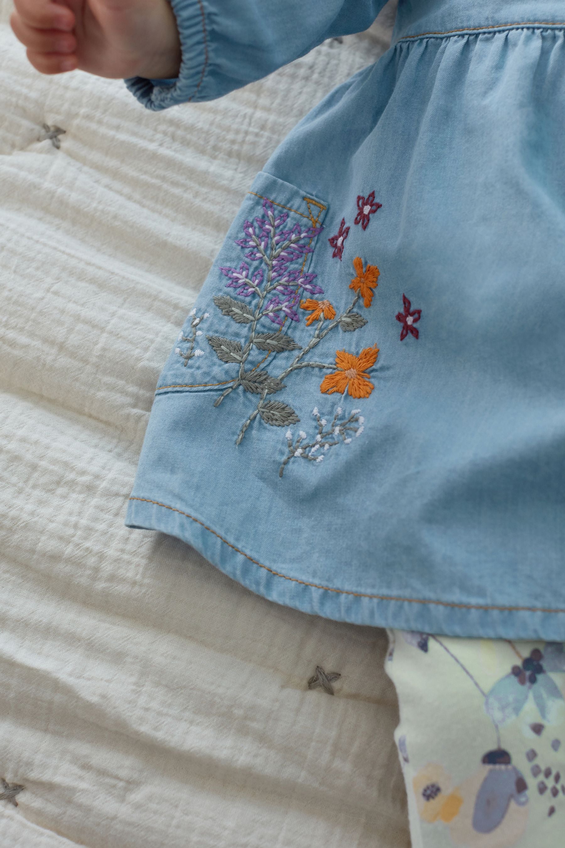 Blue Denim Embroidered Baby Dress With Floral Print Leggings And Headband (0mths-2yrs)