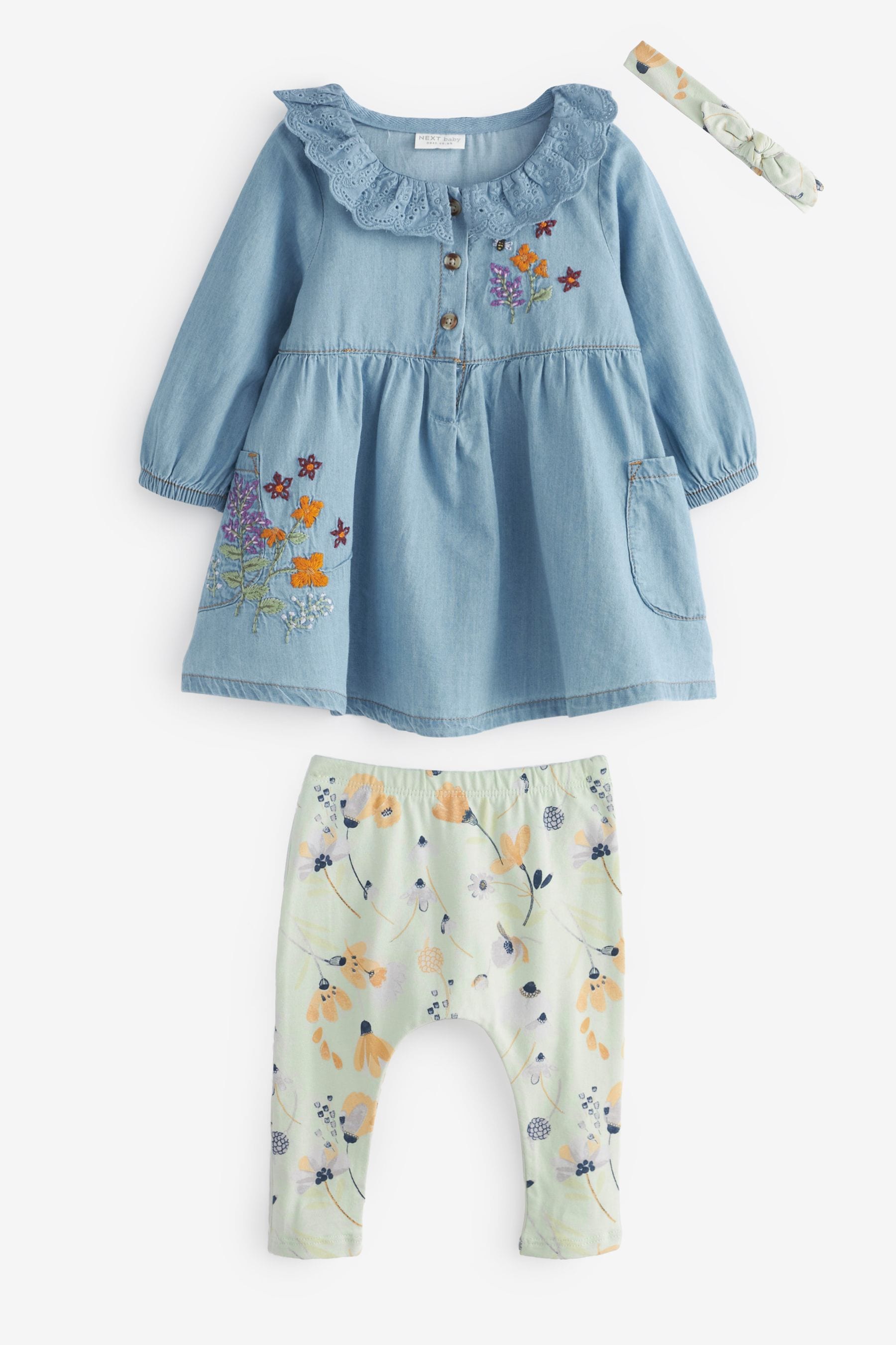 Blue Denim Embroidered Baby Dress With Floral Print Leggings And Headband (0mths-2yrs)