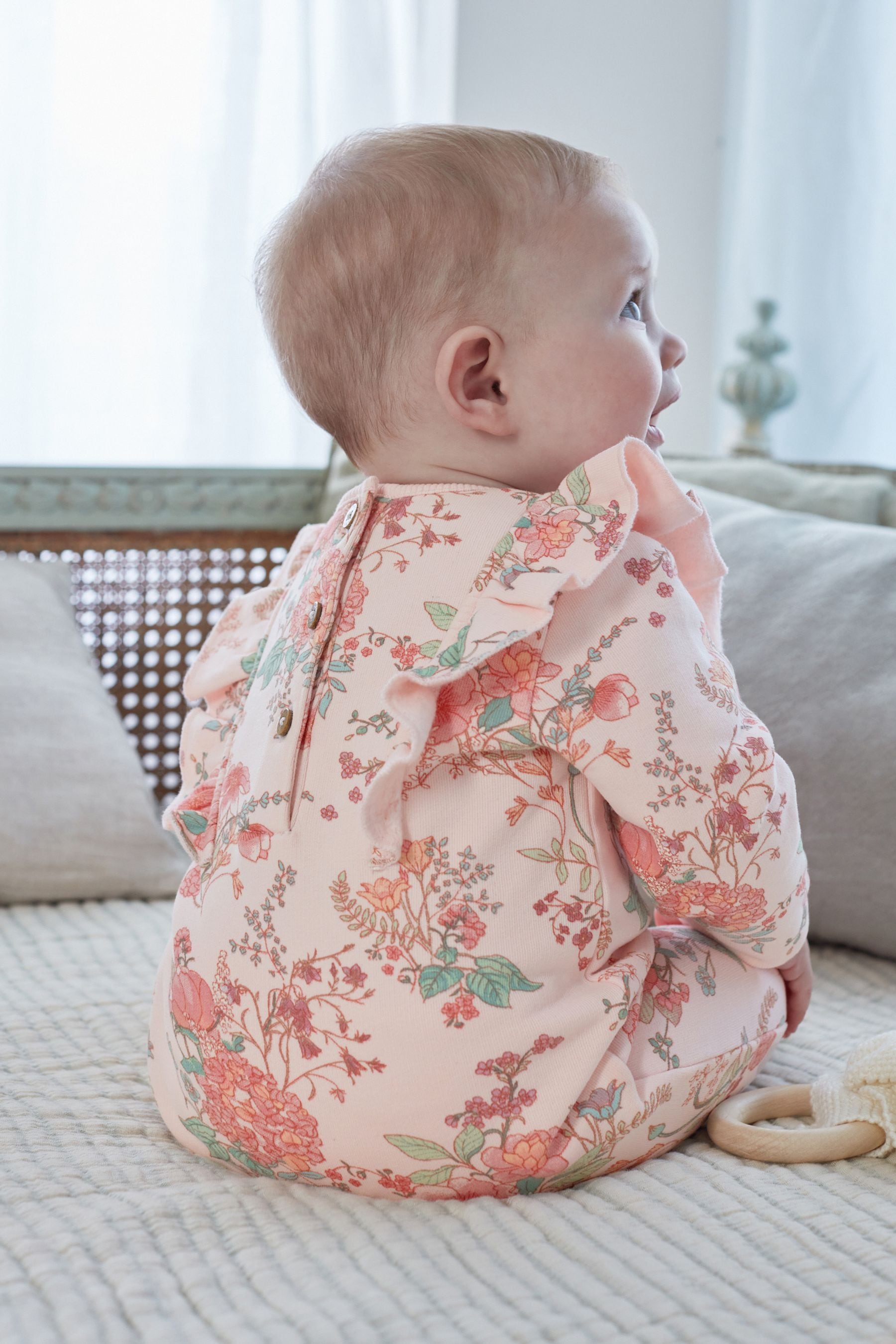 Pink Floral Brushed Back Baby Romper with Frills