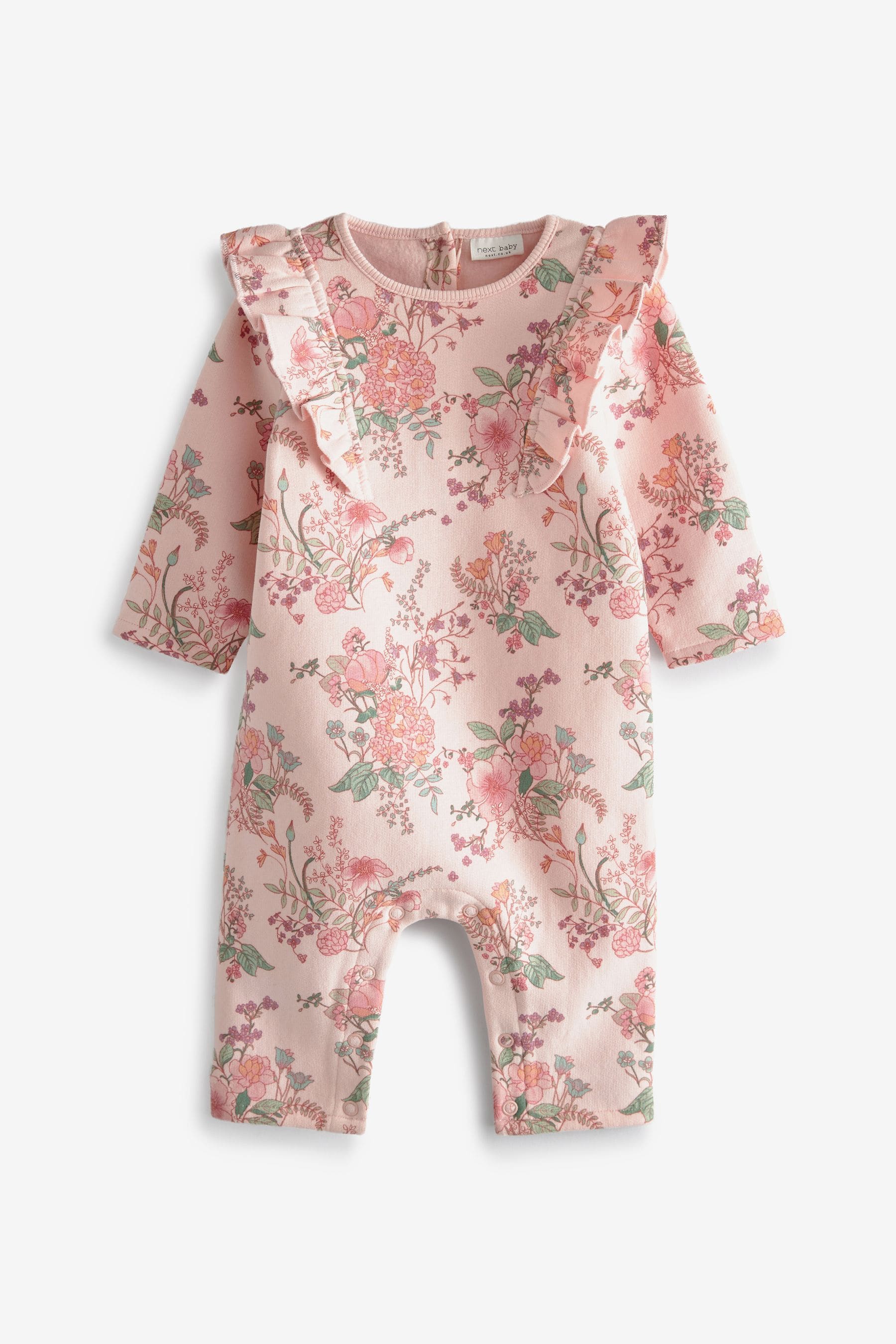 Pink Floral Brushed Back Baby Romper with Frills