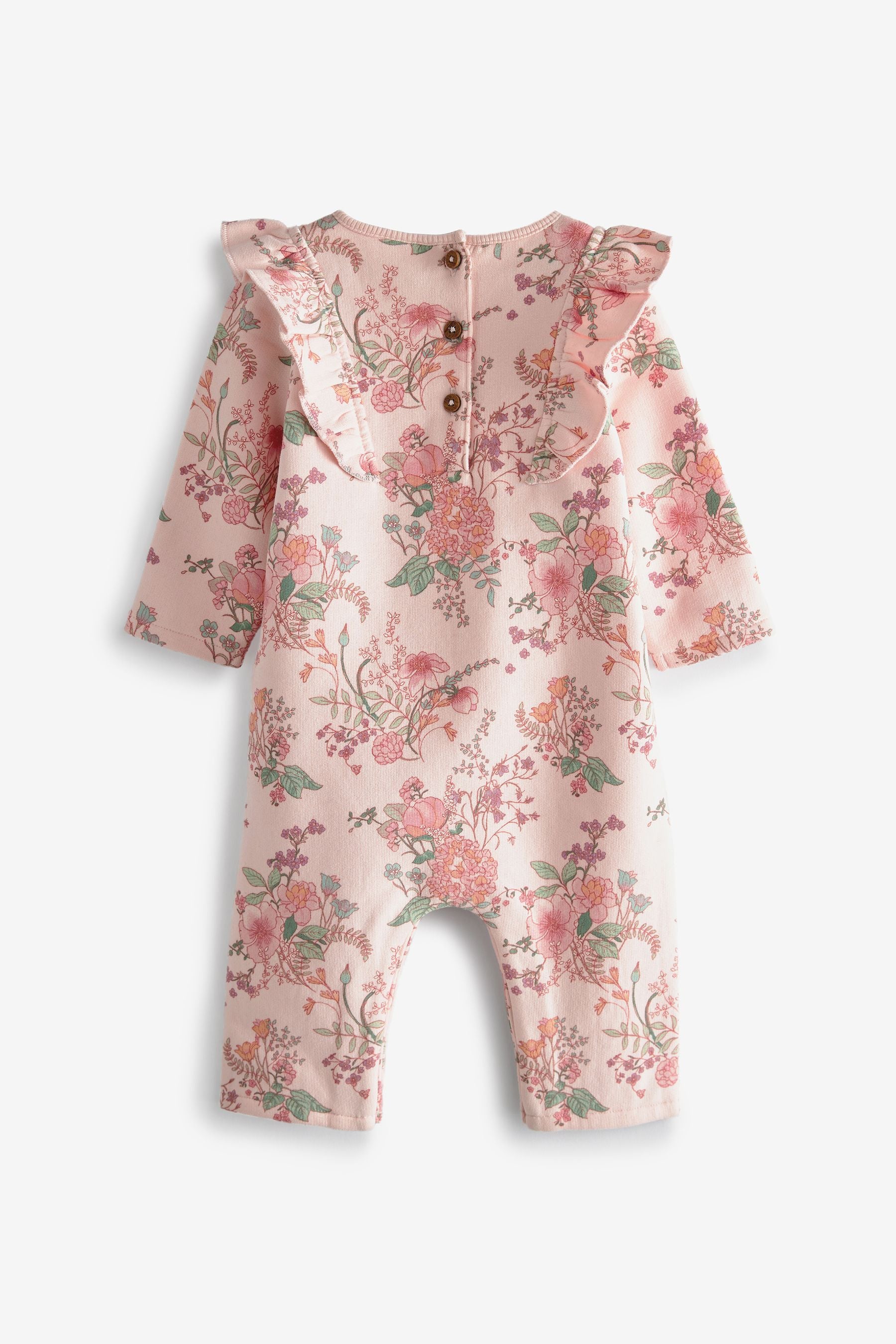 Pink Floral Brushed Back Baby Romper with Frills