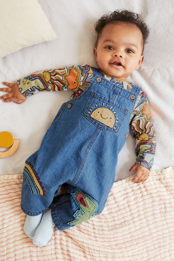 Blue Retro Appliqu 2 Piece Baby Denim Dungarees And Bodysuit Set (0mths-3yr