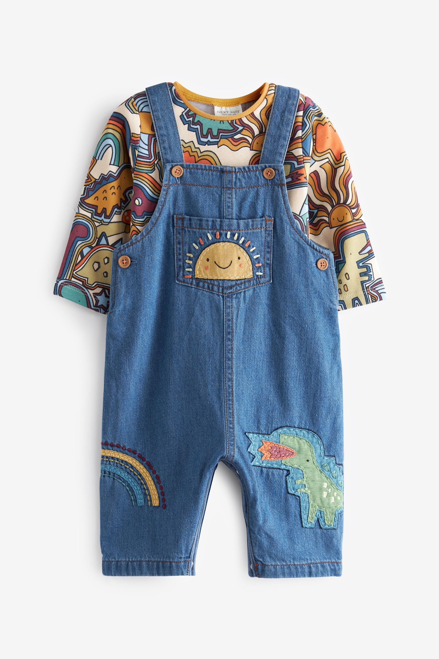 Blue Retro Appliqu 2 Piece Baby Denim Dungarees And Bodysuit Set (0mths-3yr