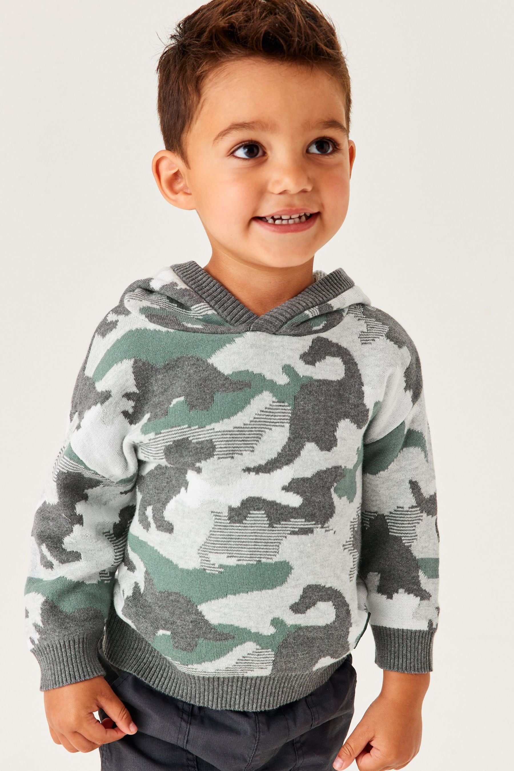 Grey Camo Dinosaur Knit Hoodie (3mths-7yrs)