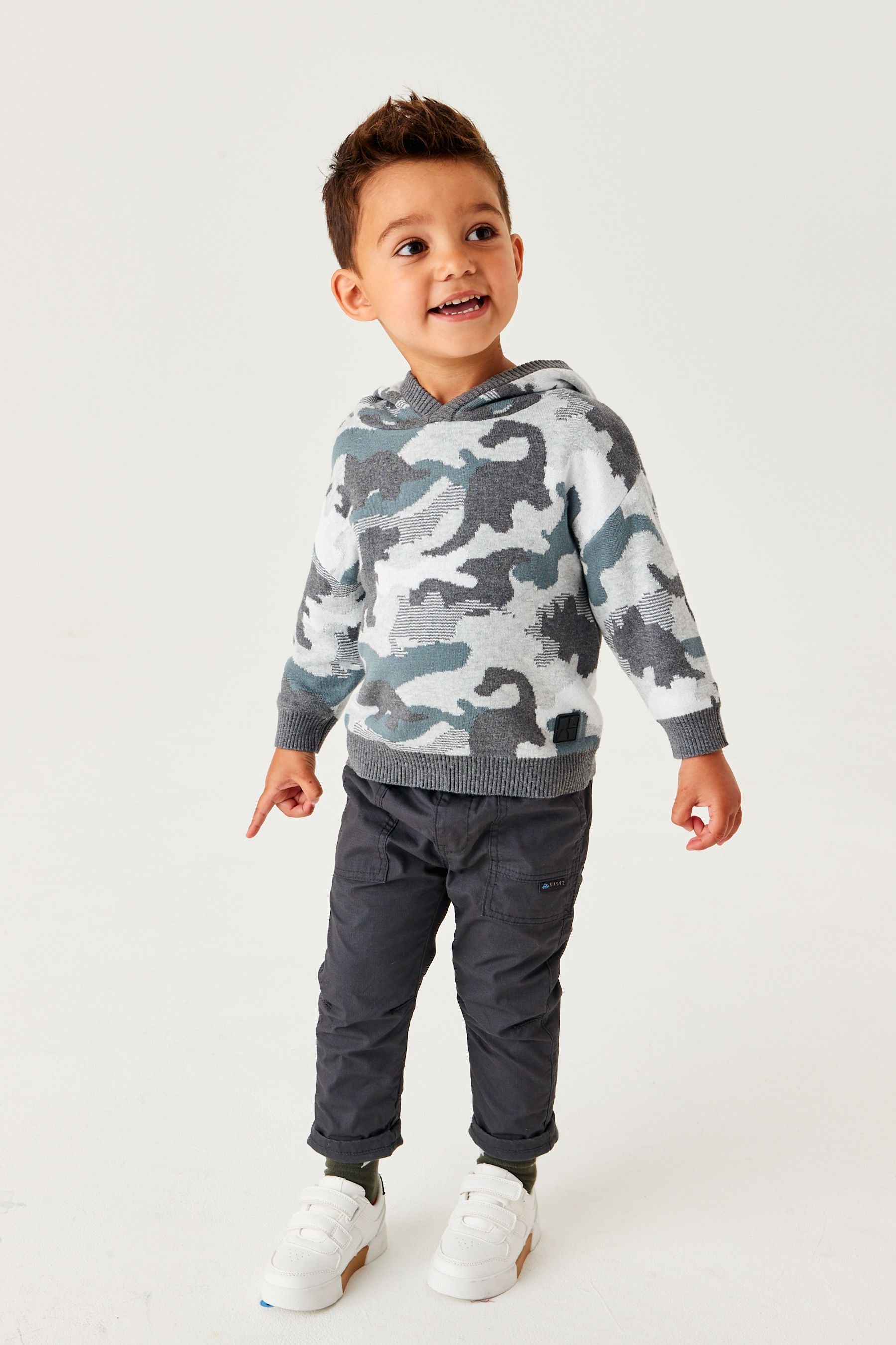 Grey Camo Dinosaur Knit Hoodie (3mths-7yrs)