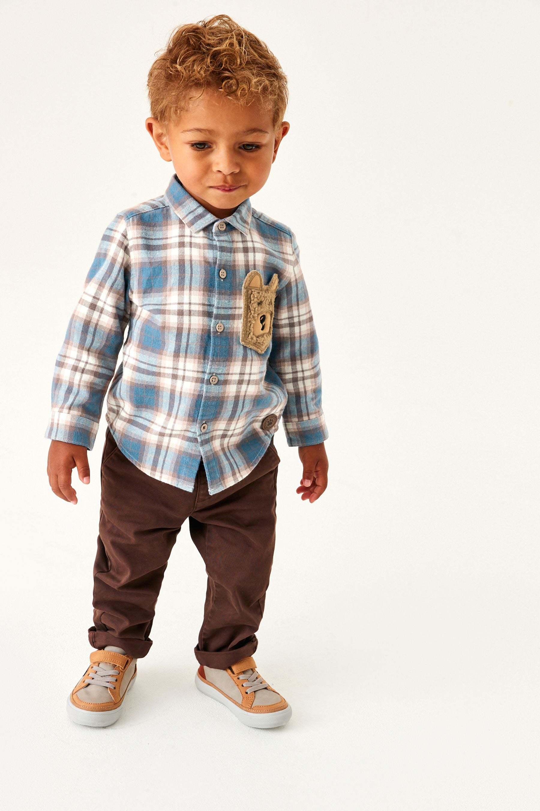 Blue With Bear Pocket Long Sleeve Check Shirt (3mths-7yrs)