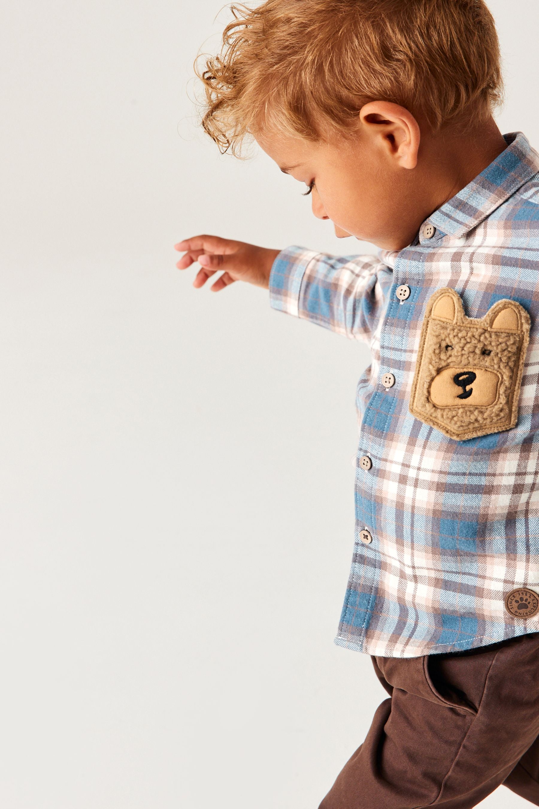 Blue With Bear Pocket Long Sleeve Check Shirt (3mths-7yrs)