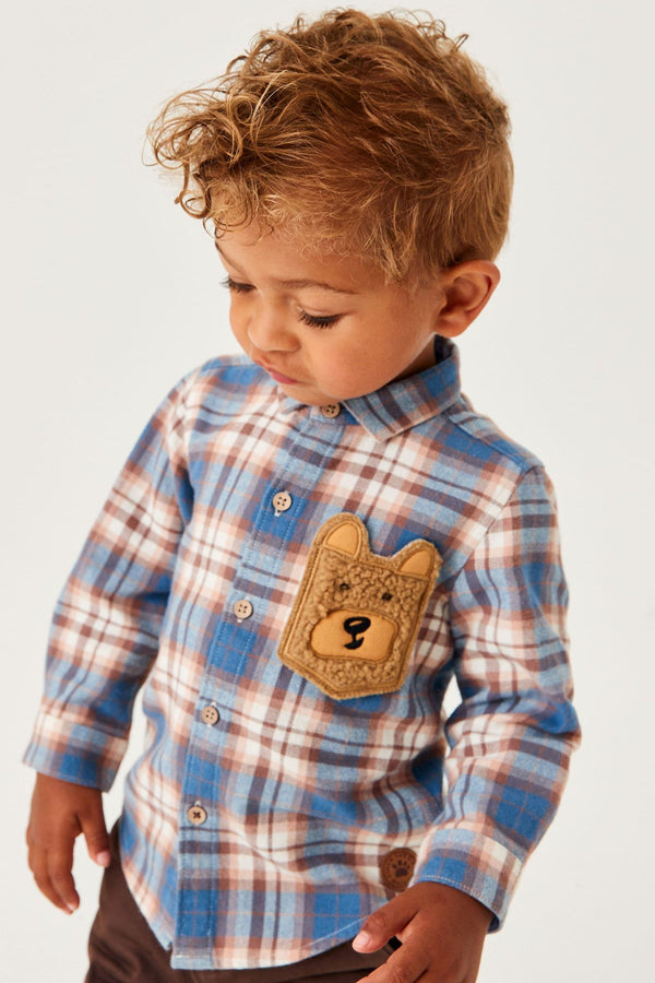 Blue With Bear Pocket Long Sleeve Check Shirt (3mths-7yrs)