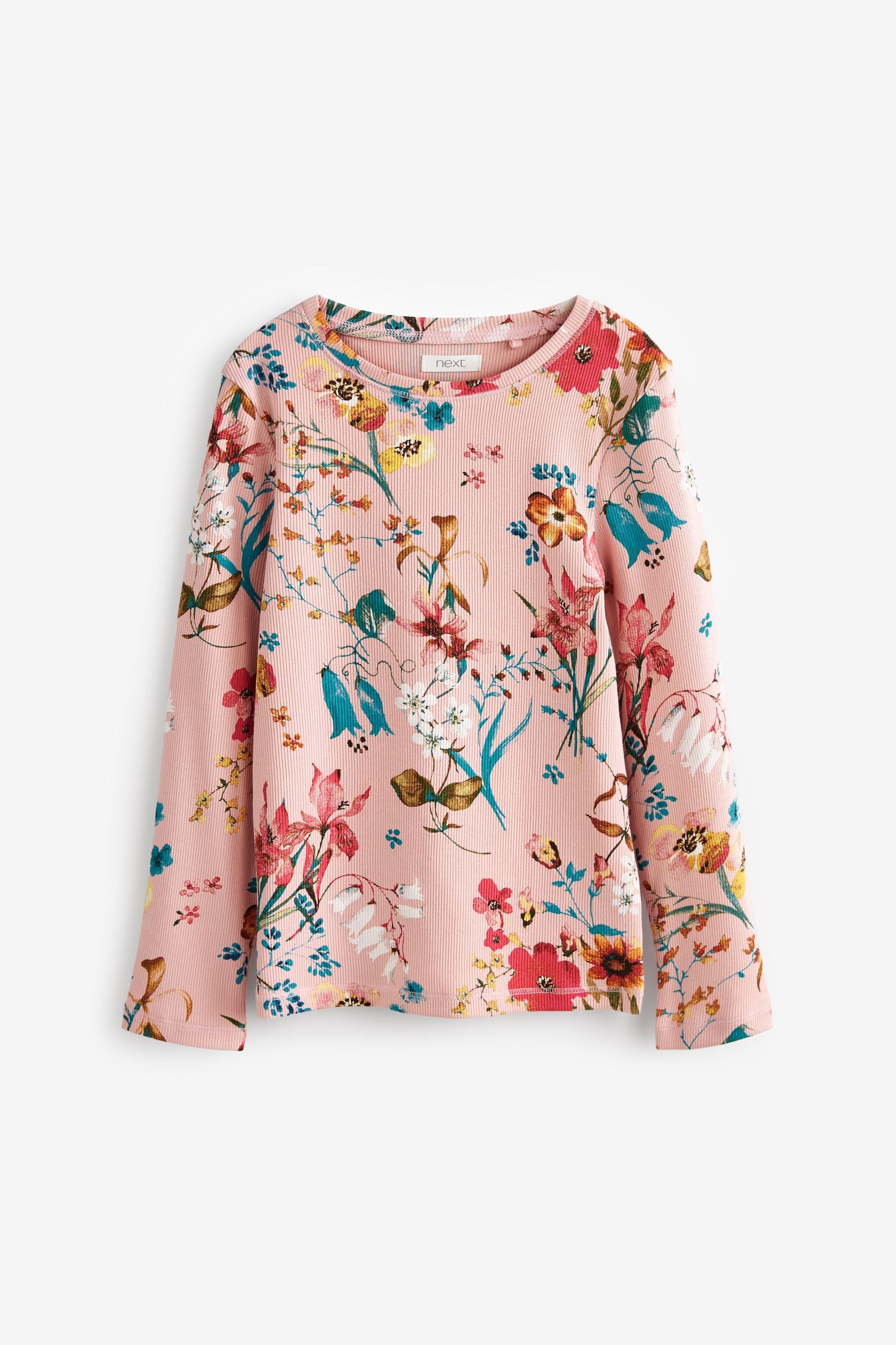 Pink Floral Ribbed Long Sleeve Top (3-16yrs)