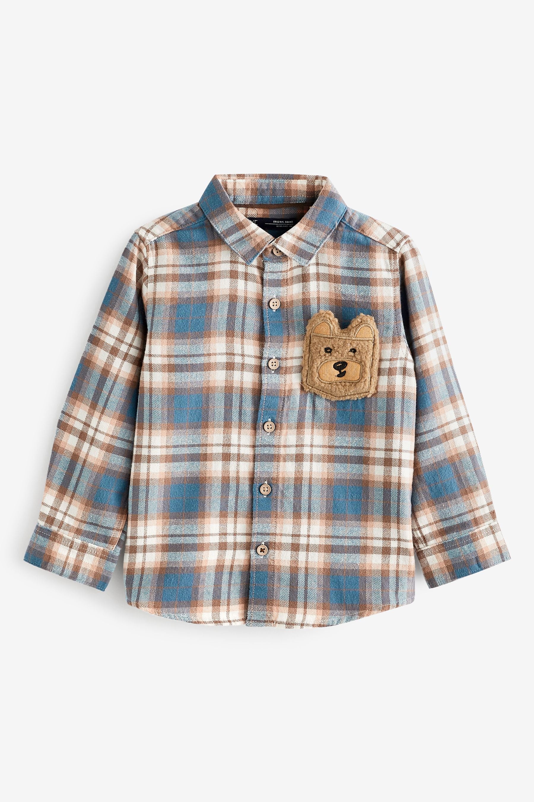 Blue With Bear Pocket Long Sleeve Check Shirt (3mths-7yrs)