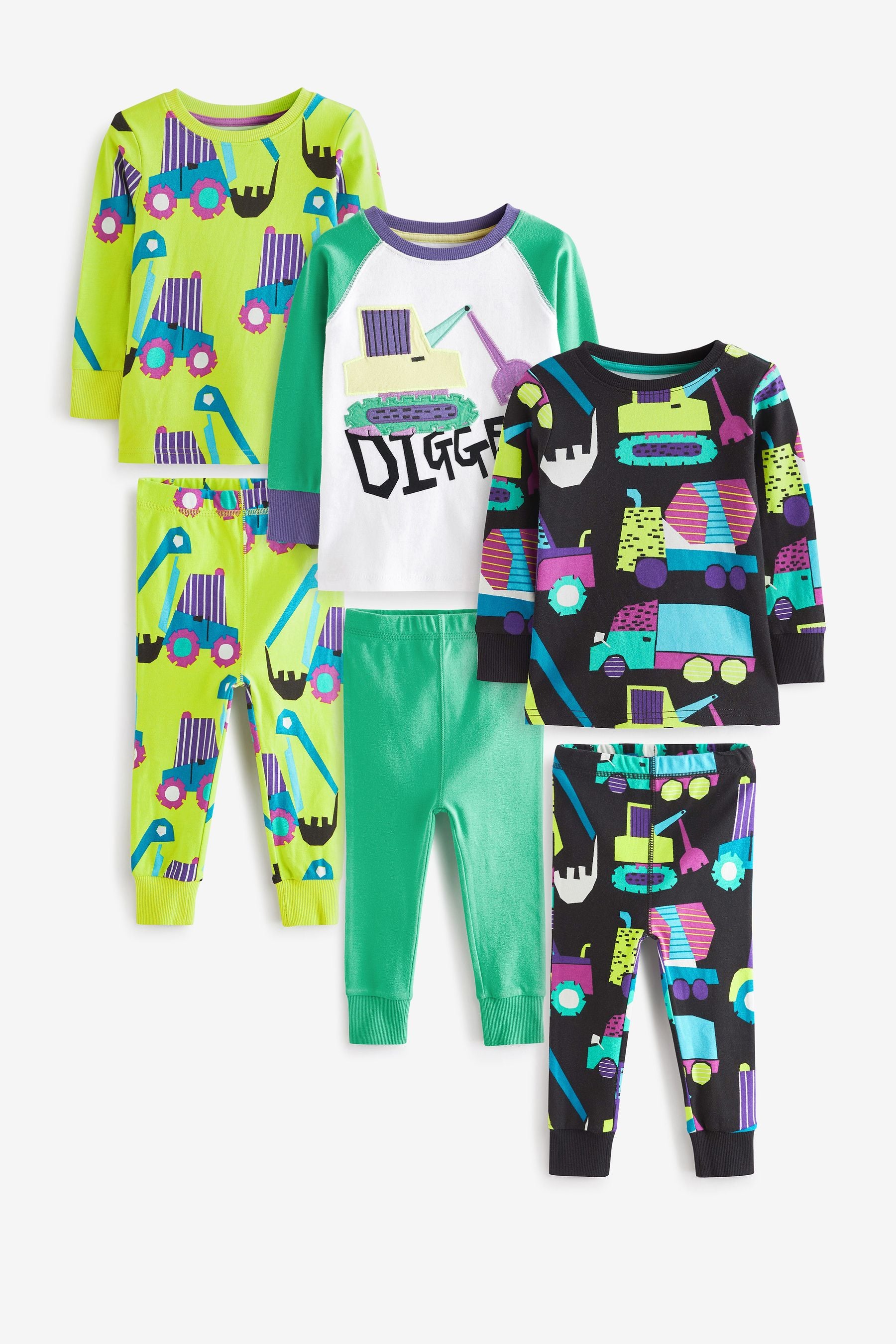 Green/Blue Digger 3 Pack Snuggle Pyjamas (9mths-12yrs)