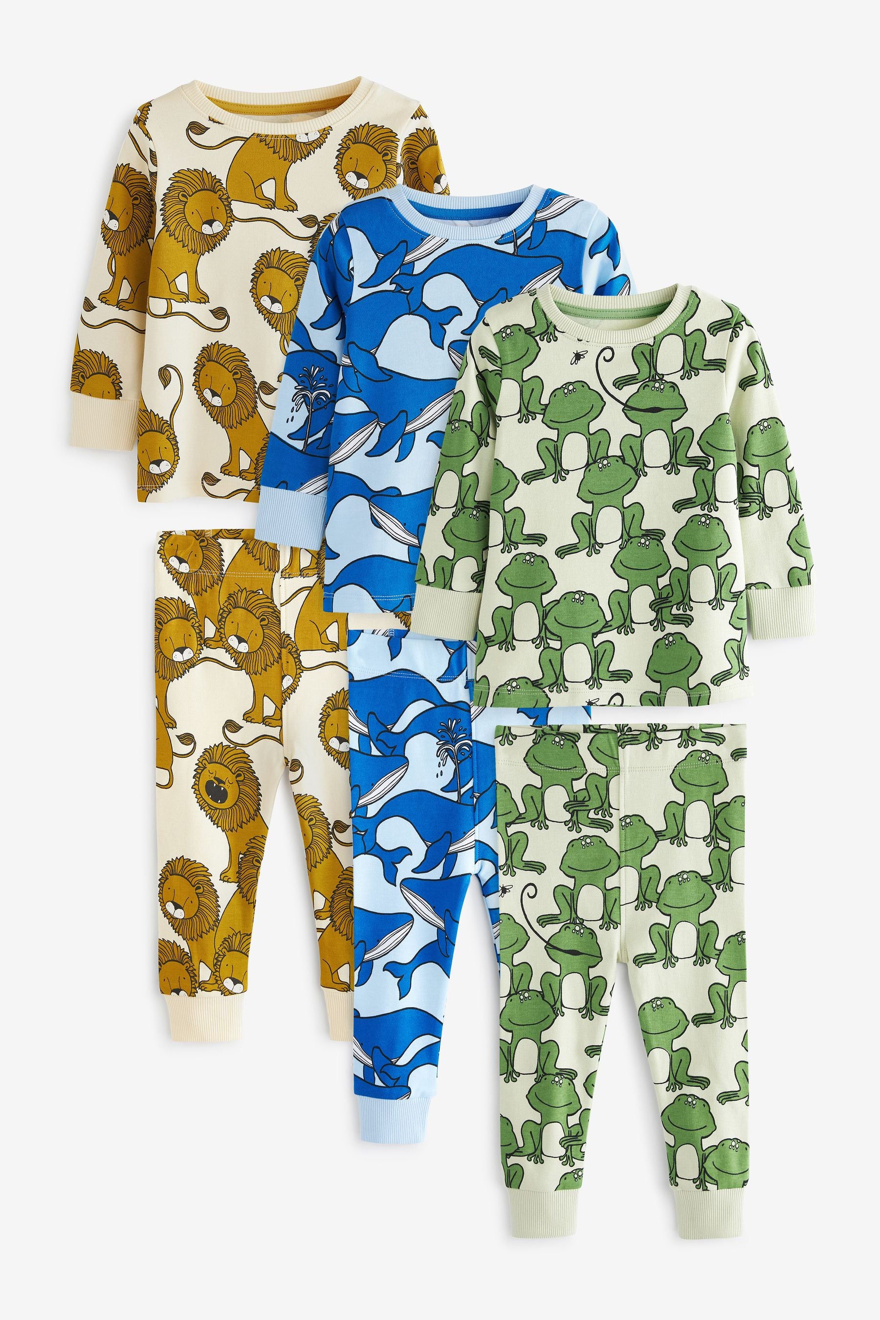 Yellow/ Blue/ Green Wild Animals Snuggle Pyjamas 3 Pack (9mths-12yrs)