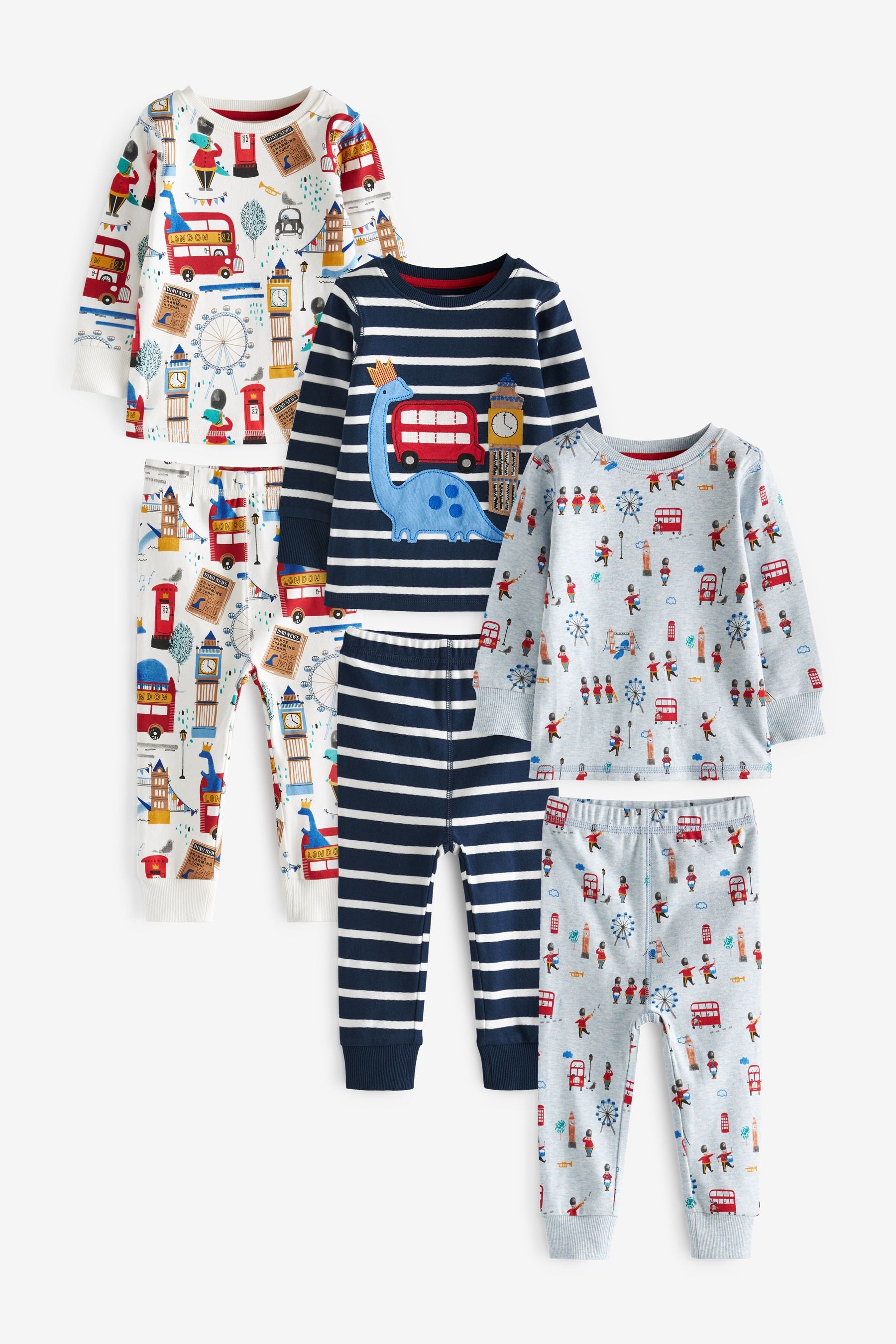 Blue/White London Dino Bus 3 Pack Snuggle Pyjamas (9mths-12yrs)