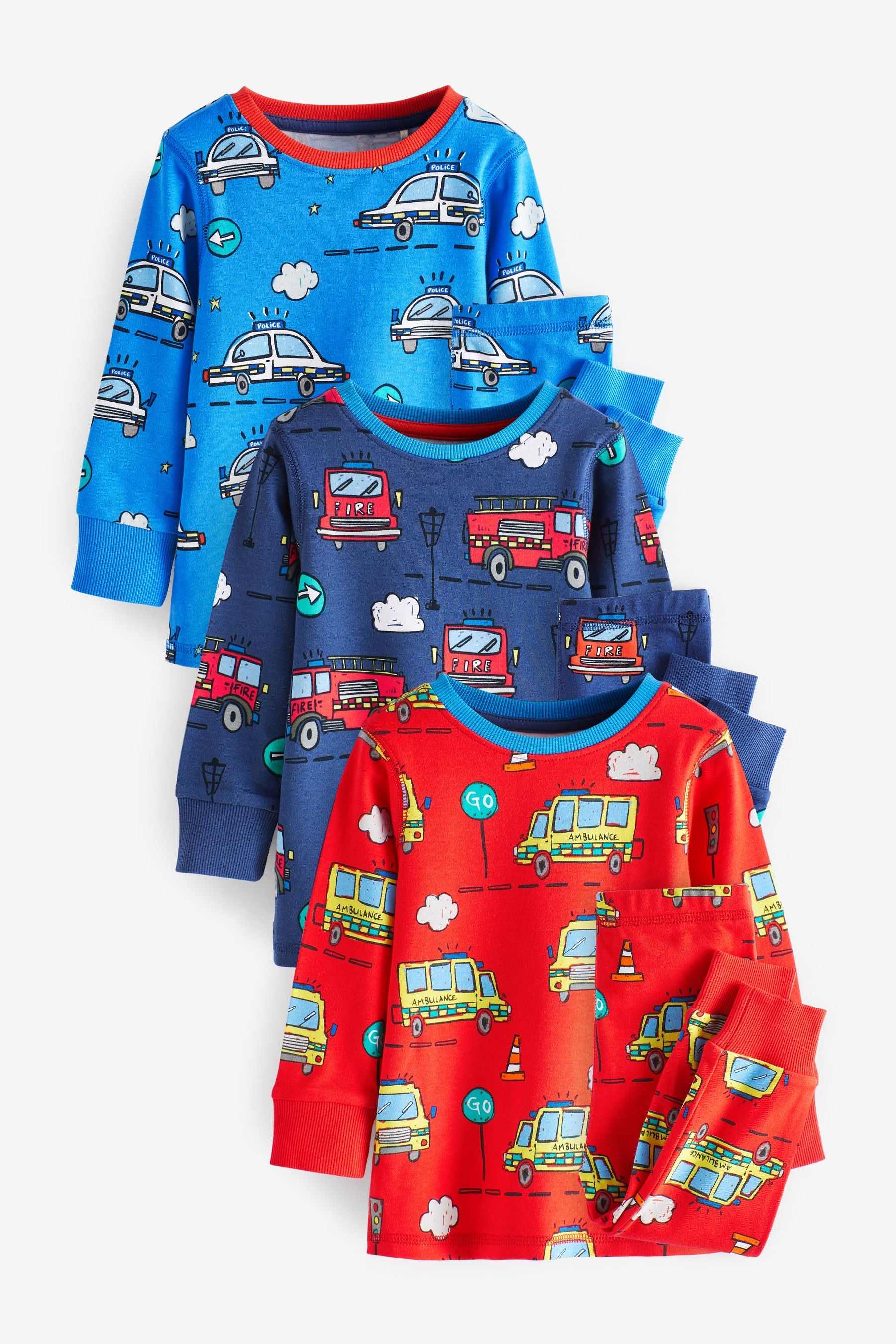 Red/Blue Emergency Transport Snuggle Pyjamas 3 Pack (9mths-10yrs)