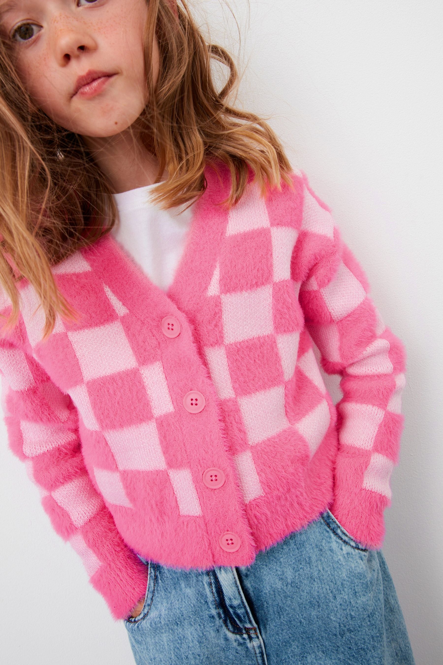 Pink Eyelash Checkerboard Cardigan (3-16yrs)