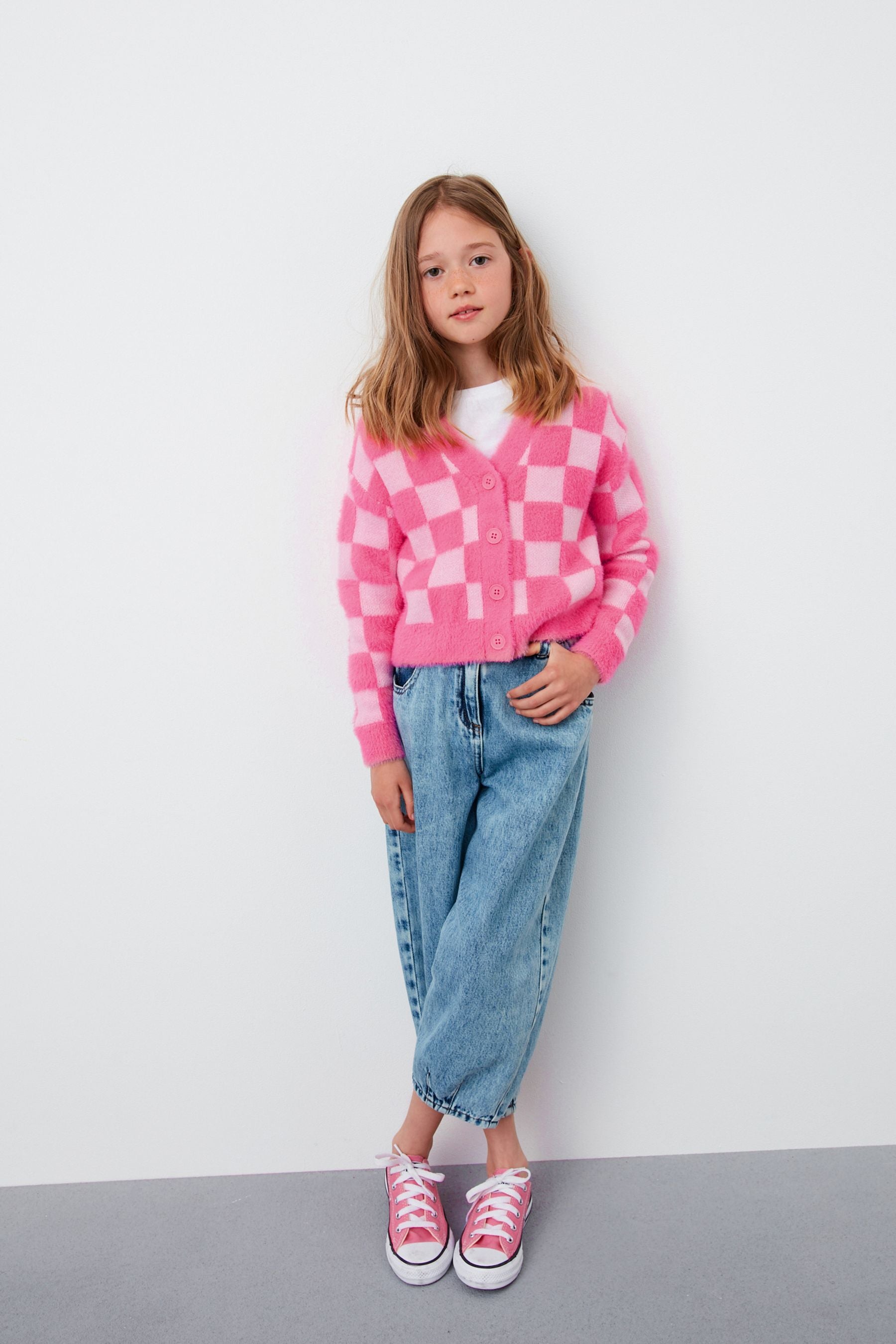 Pink Eyelash Checkerboard Cardigan (3-16yrs)