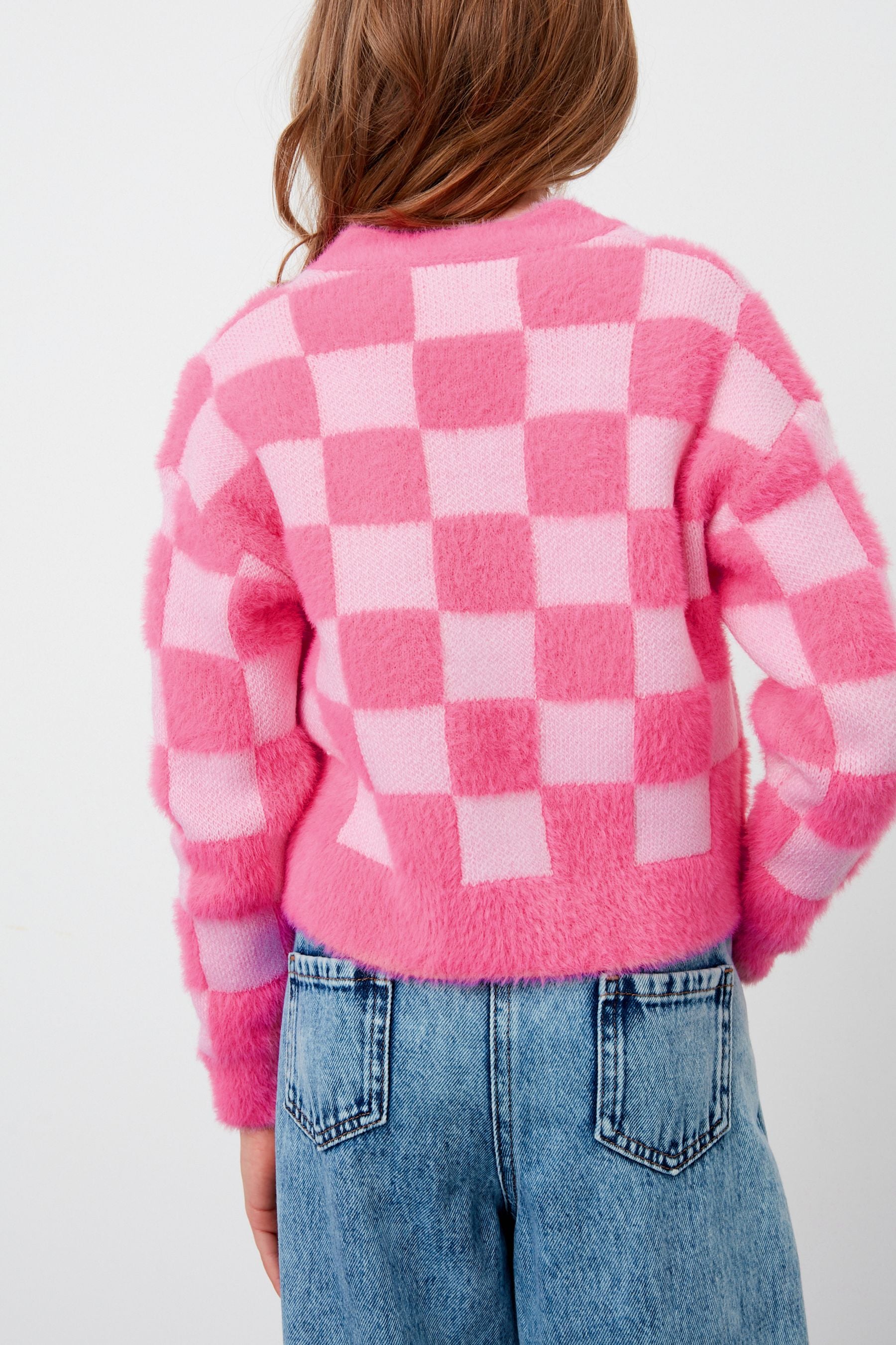 Pink Eyelash Checkerboard Cardigan (3-16yrs)