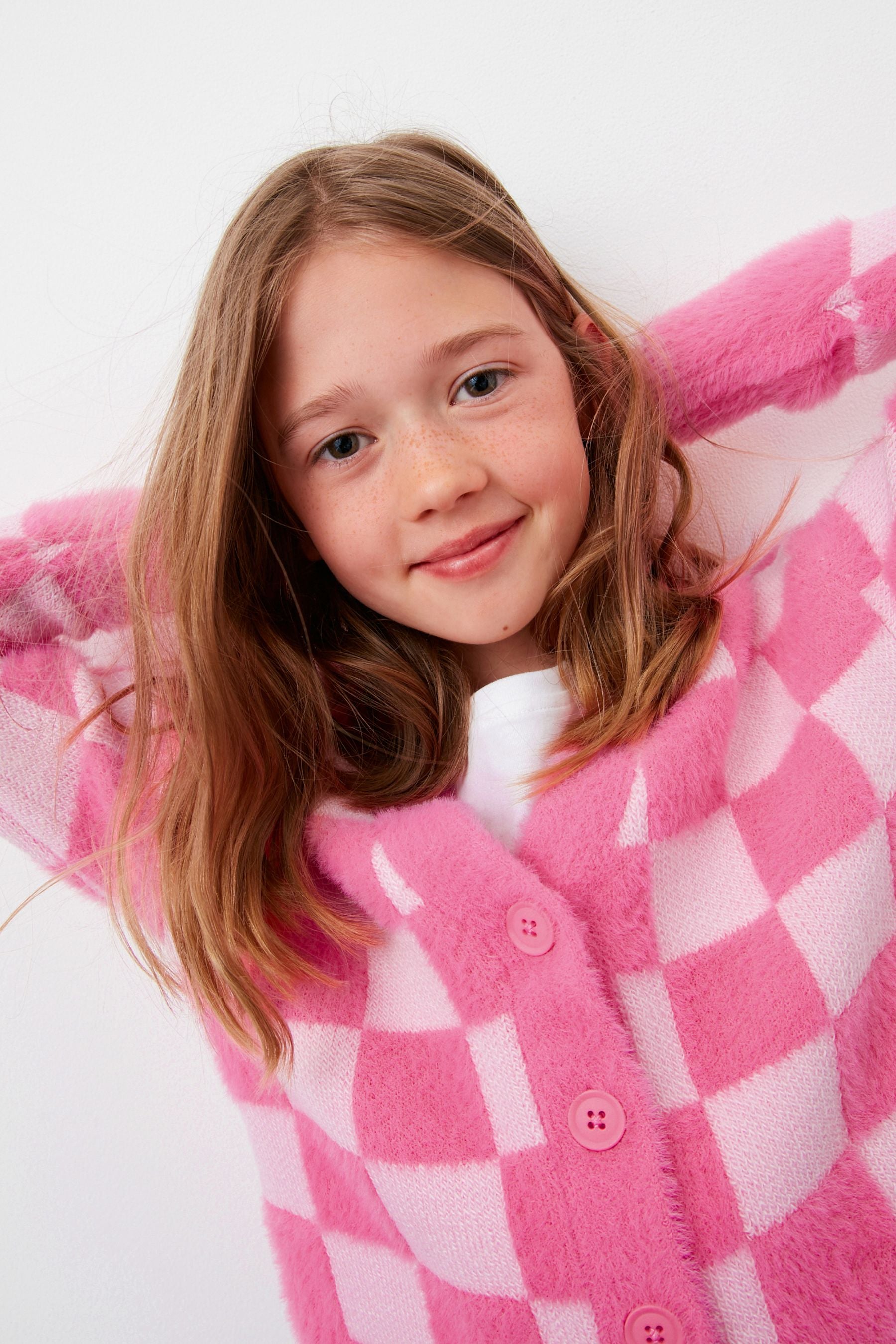 Pink Eyelash Checkerboard Cardigan (3-16yrs)