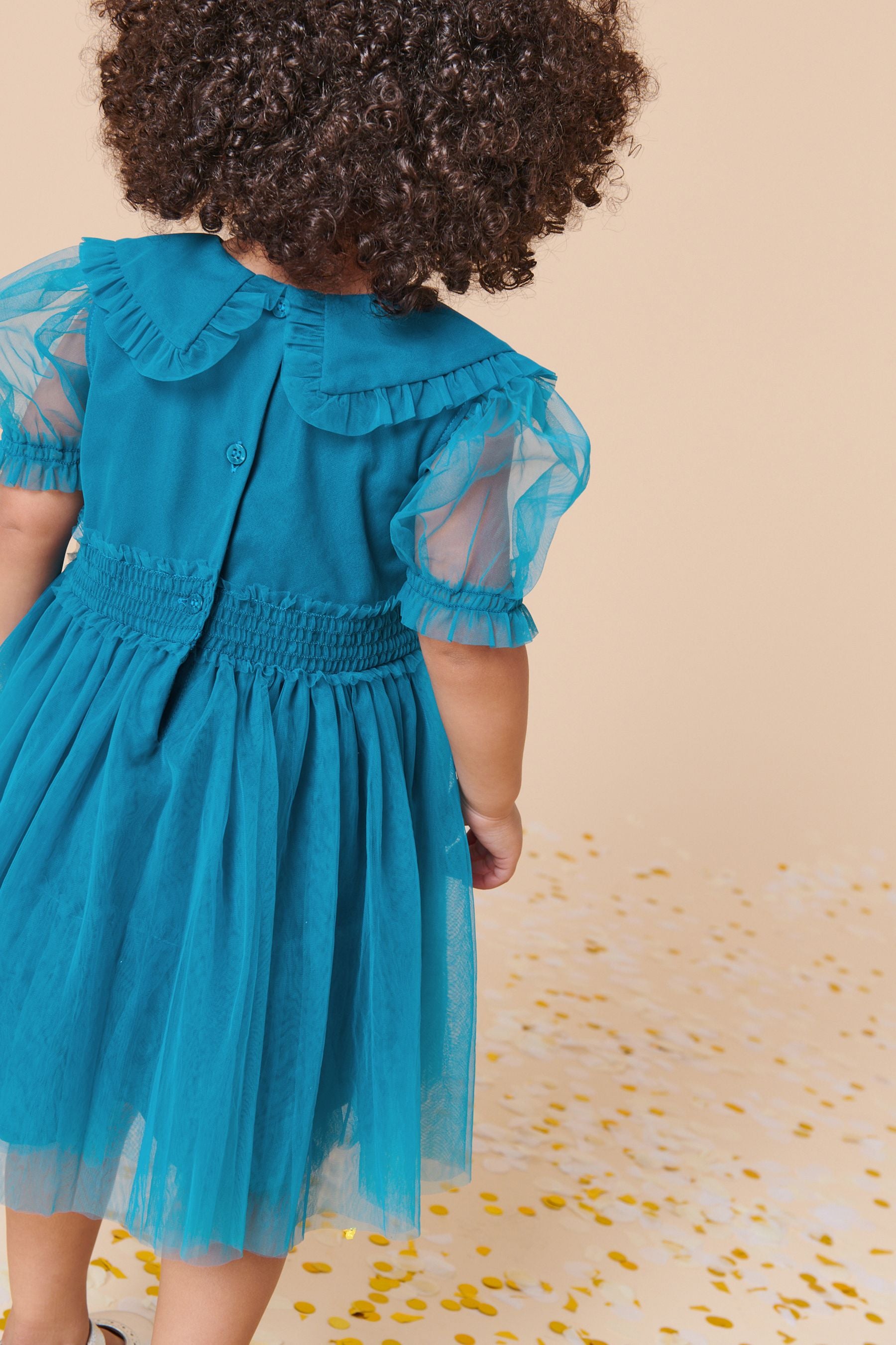 Teal Blue Embellished Mesh Collar Dress (3mths-8yrs)