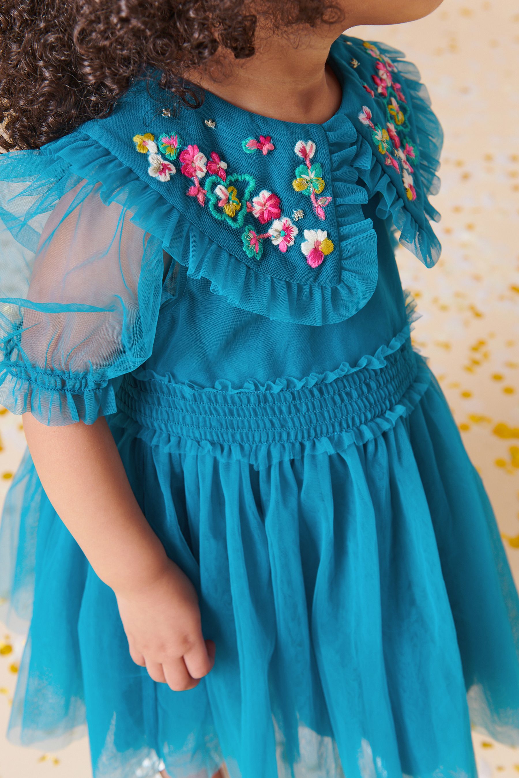 Teal Blue Embellished Mesh Collar Dress (3mths-8yrs)